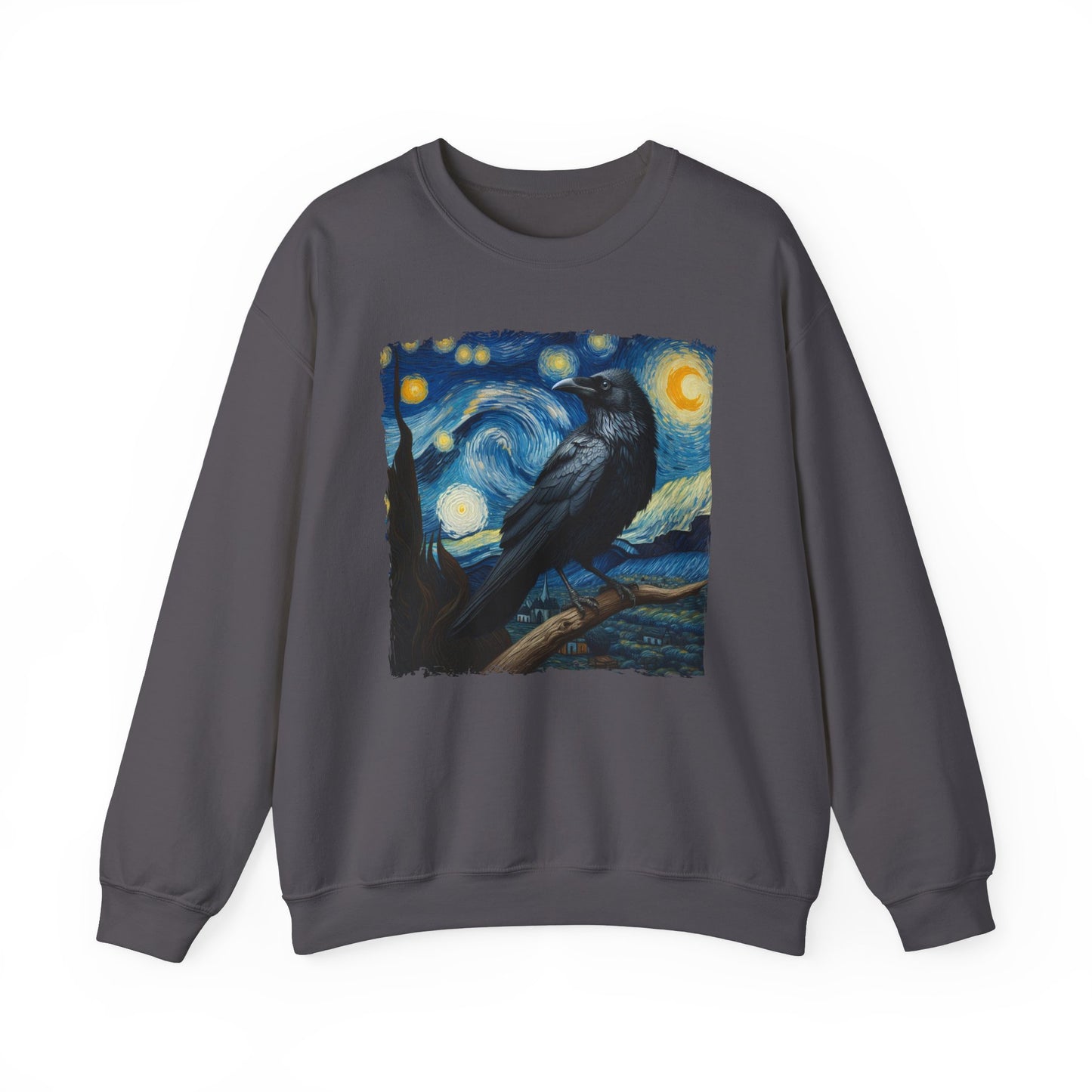 Black Raven Night Sky Crewneck Sweater | Starry Night-Inspired Art Pullover | Mystical Gothic Bird Lover Sweatshirt Witchcraft Enthusiasts