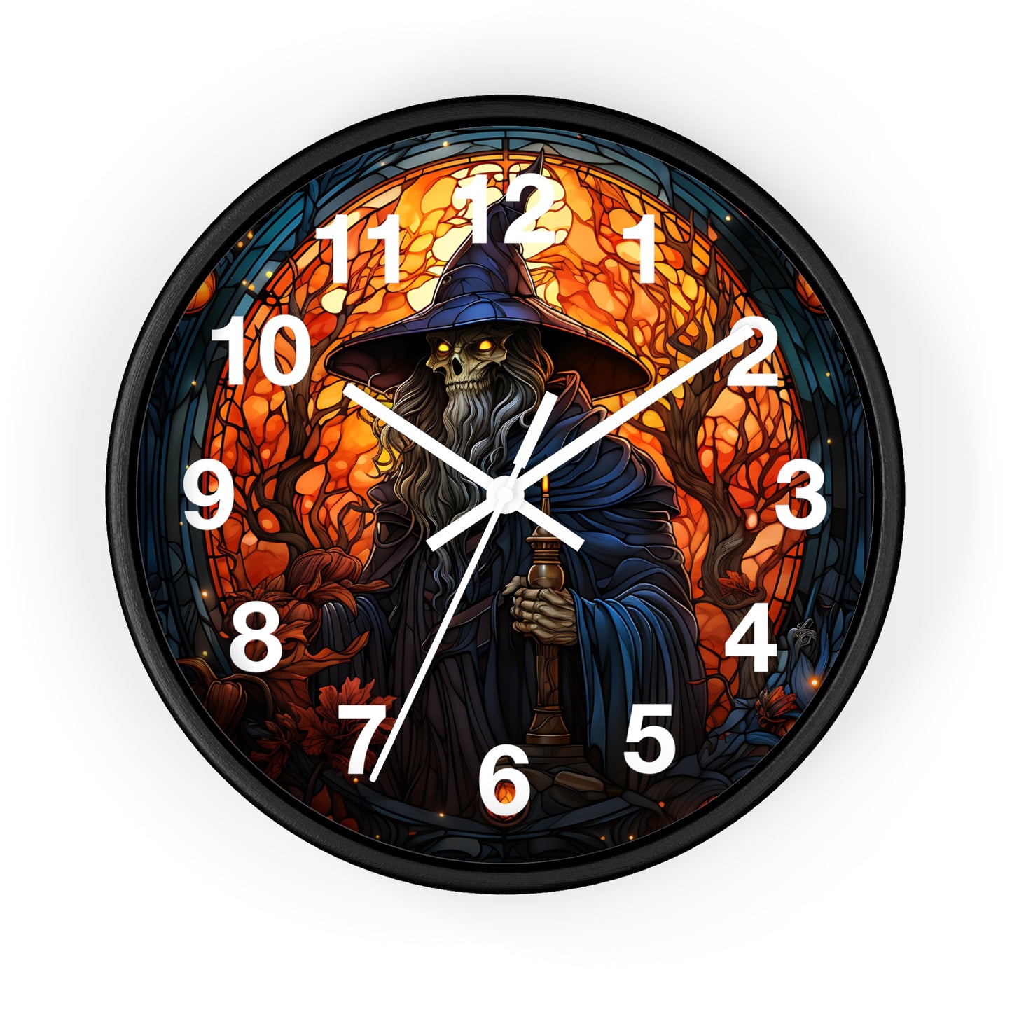 Scary Skeleton Wizard Stained Glass Wall Clock | Halloween Creepy Witch Vibe | Battery Operated | Unique Spooky Decor Halloween Lovers Gift
