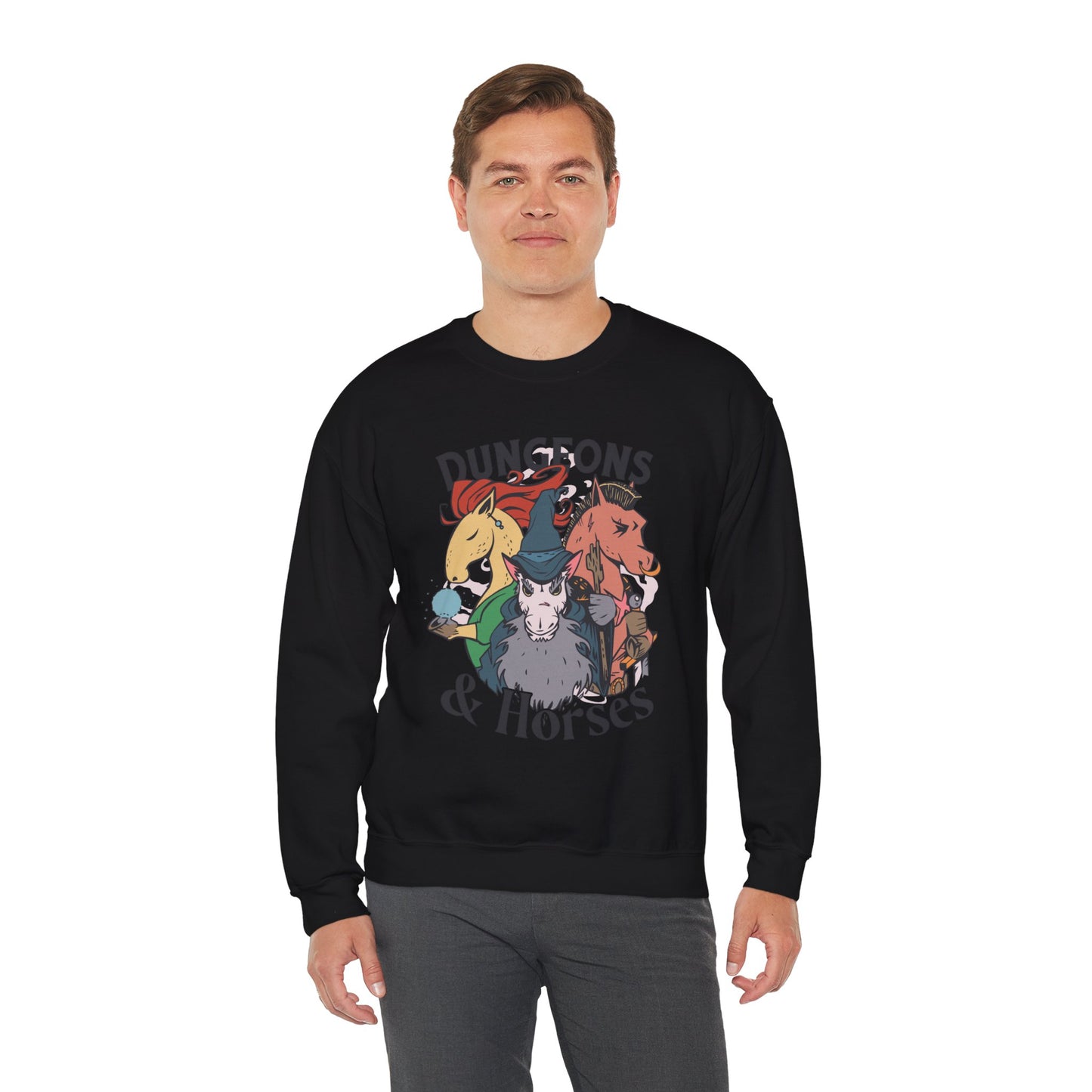 Dungeons and Horses Funny D&D Parody Sweatshirt | Nerdy Fantasy Game Sweater Horse Lovers | Unique Winter Gift | Cozy Fun Sweatshirt Gamers