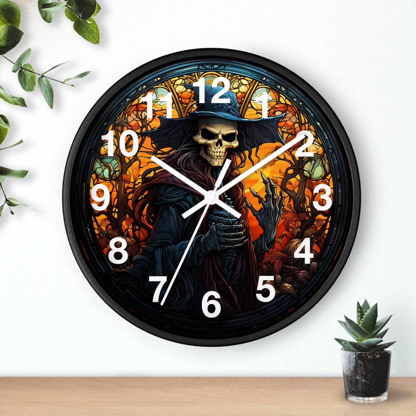 Scary Stained Glass Skeleton Witch Wall Clock | Witch Halloween Decor | Battery Operated | Unique Spooky Accent | Perfect Gothic Gift