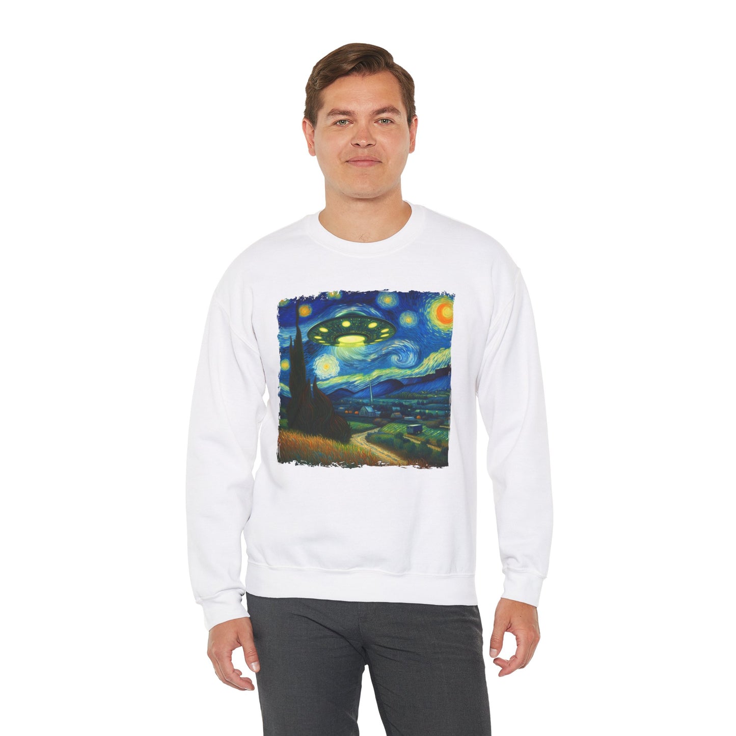 Alien UFO Night Sky Crewneck Sweater | Starry Night-Inspired Outer Space Art Pullover | Cosmic Sci-Fi Sweatshirt Alien UFO Believers
