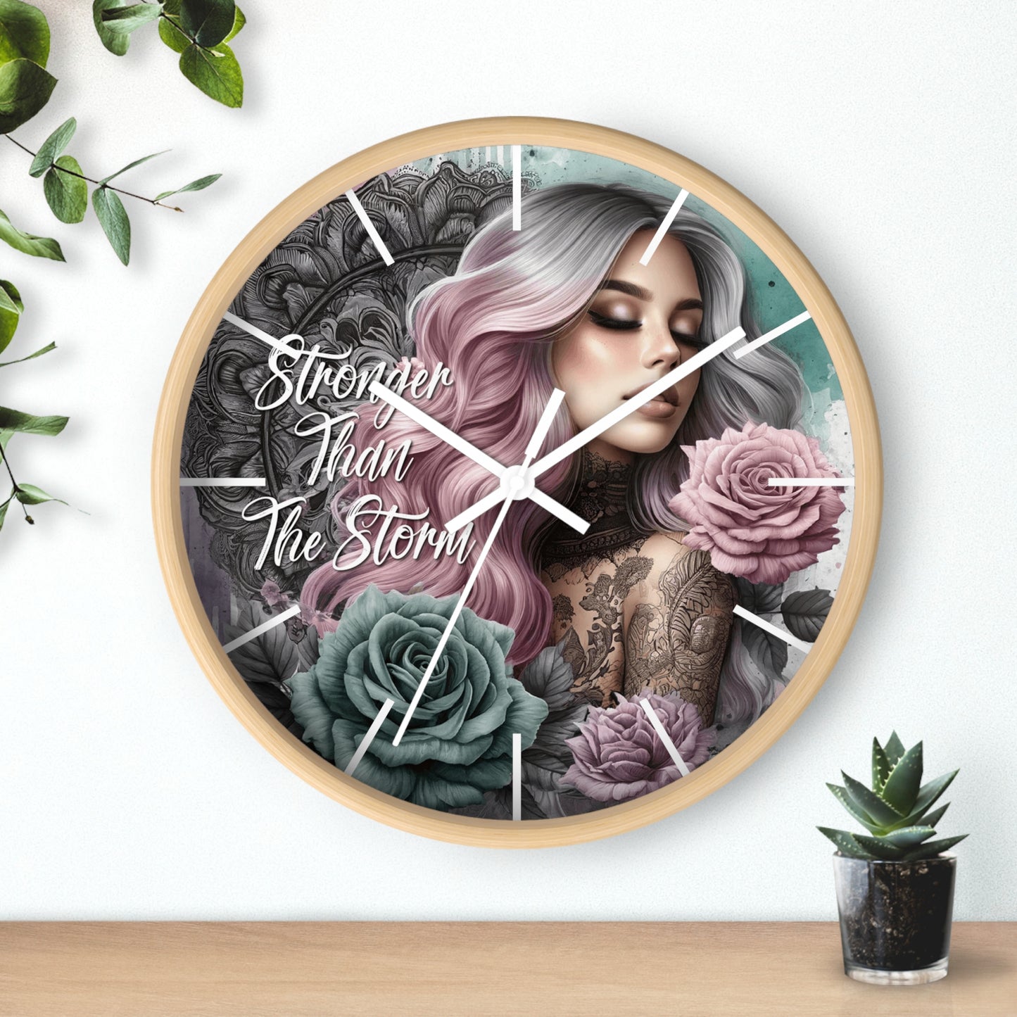 Stronger Than the Storm Wall Clock | Empowering Affirmation Quote Art | Battery Operated | Beautiful Woman Flowers Bold Dark Aesthetic Decor