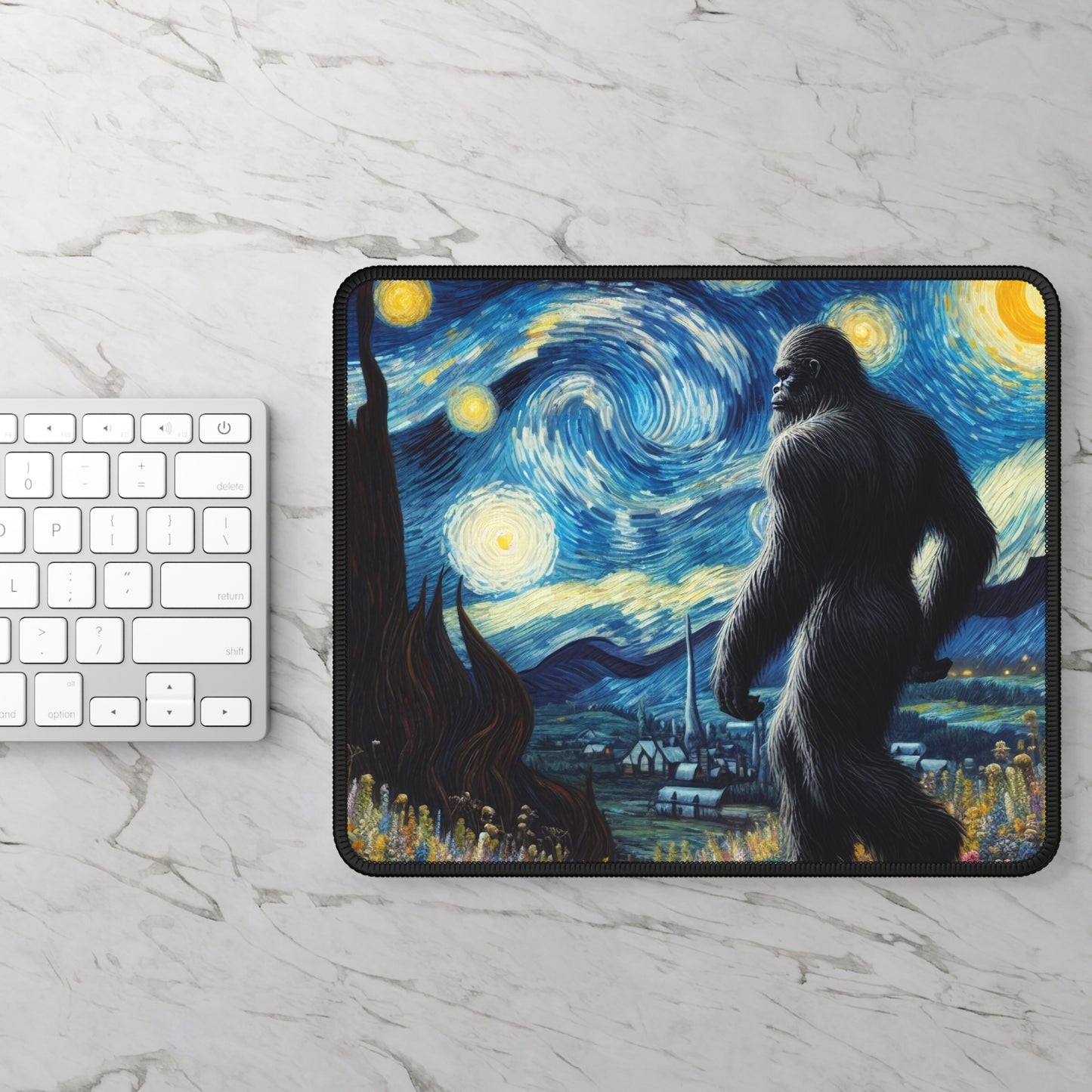 Bigfoot Night Sky Non-Slip Mouse Pad | Starry Night Inspired Art | Humorous Sasquatch Desk Mat for Quirky Bigfoot Lovers Sasquatch Decor