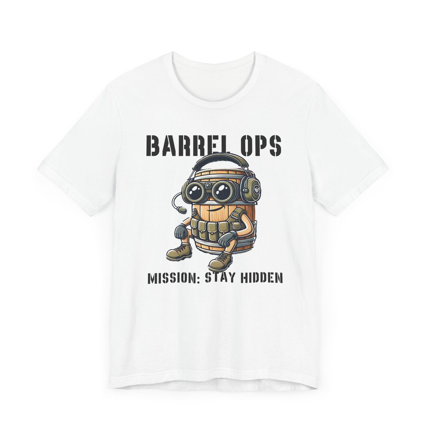 Barrel Ops Tactical Cartoon Shirt | Funny Prop Hunt Design | Mission Stay Hidden Illustration | Gamer Graphic | Unique Military Barrel