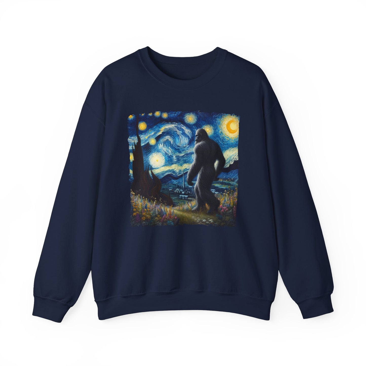 Bigfoot Night Sky Crewneck Sweater | Starry Night Inspired Art | Humorous Sasquatch Sweatshirt | Fun Gift for Quirky Bigfoot Lovers