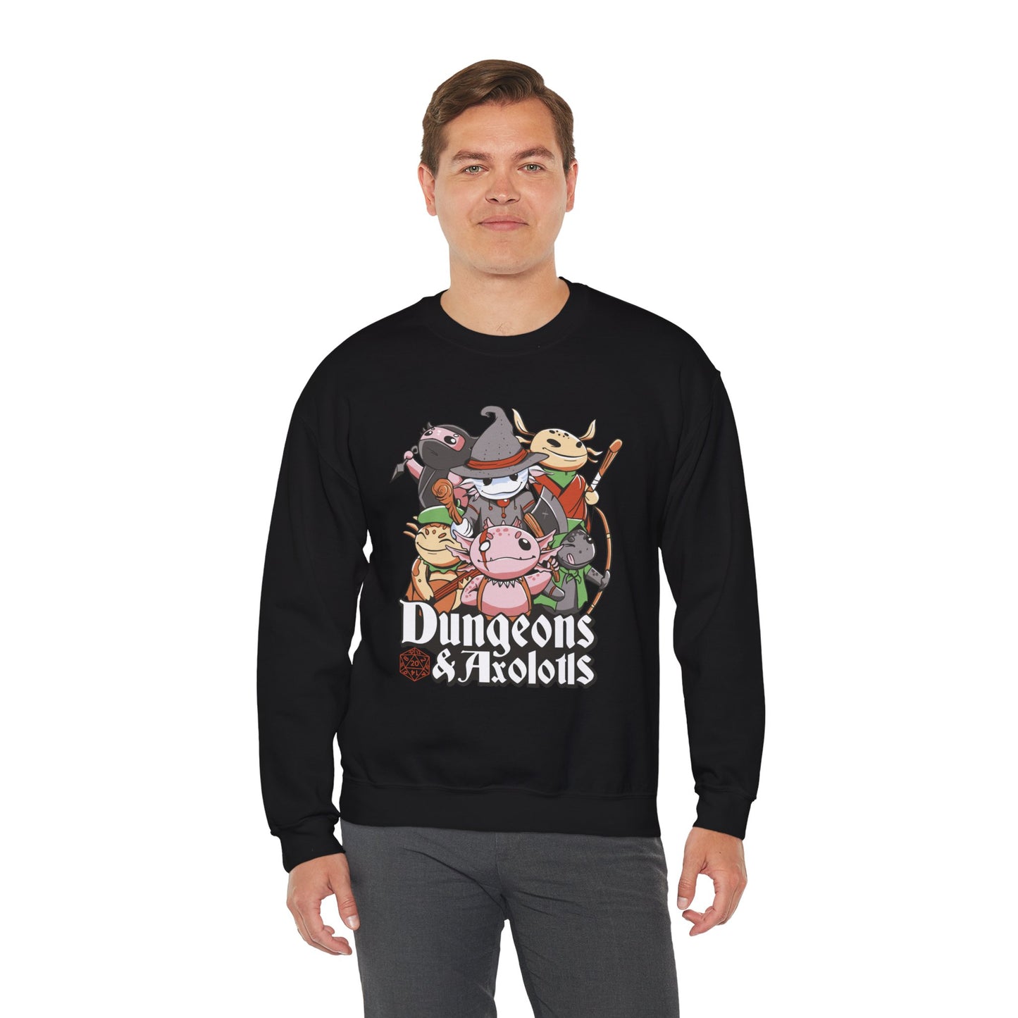 Dungeons and Axolotls Funny D&D Parody Sweatshirt | Nerdy Fantasy Game Sweater Axolotl Lovers Unique Winter Gift Cozy Fun Sweatshirt Gamers