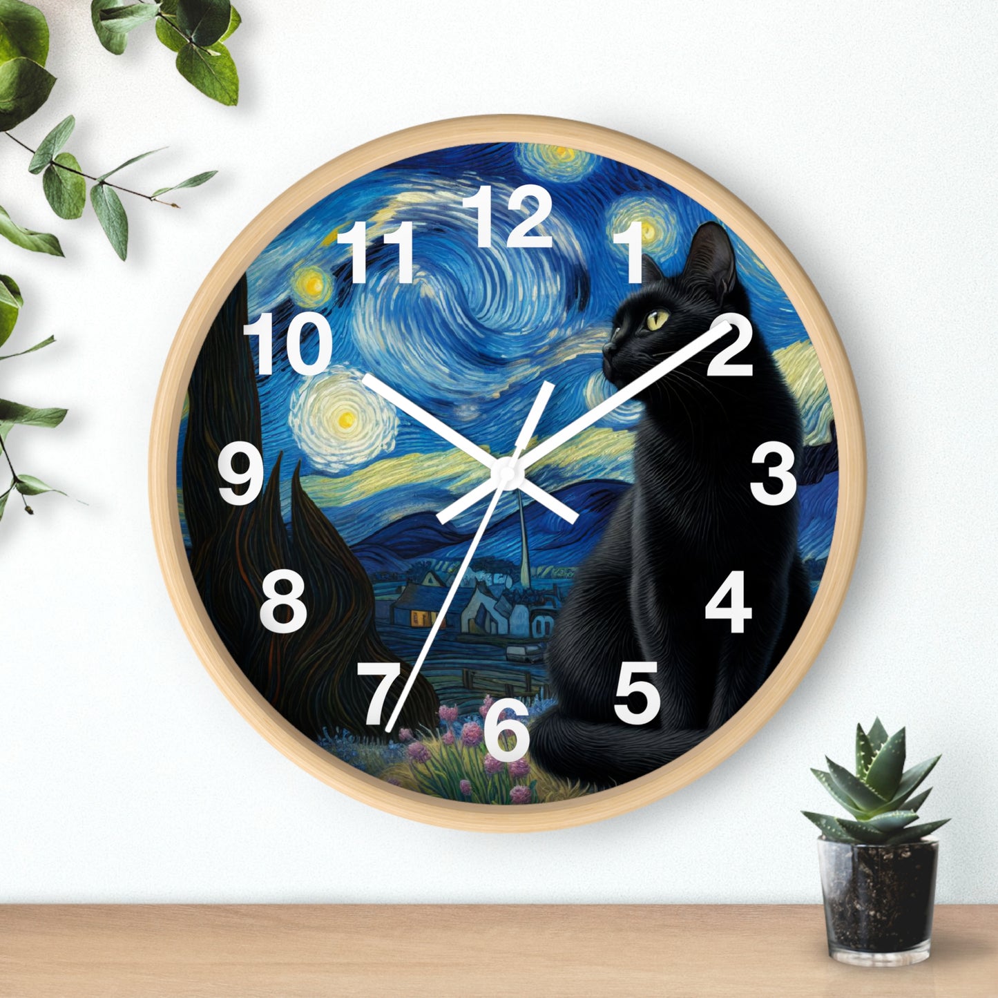Mystical Black Cat Under Starry Night Wall Clock | Battery Operated | Enchanting Night Sky Art Perfect Gift Cat Lovers Witchcraft Wall Decor