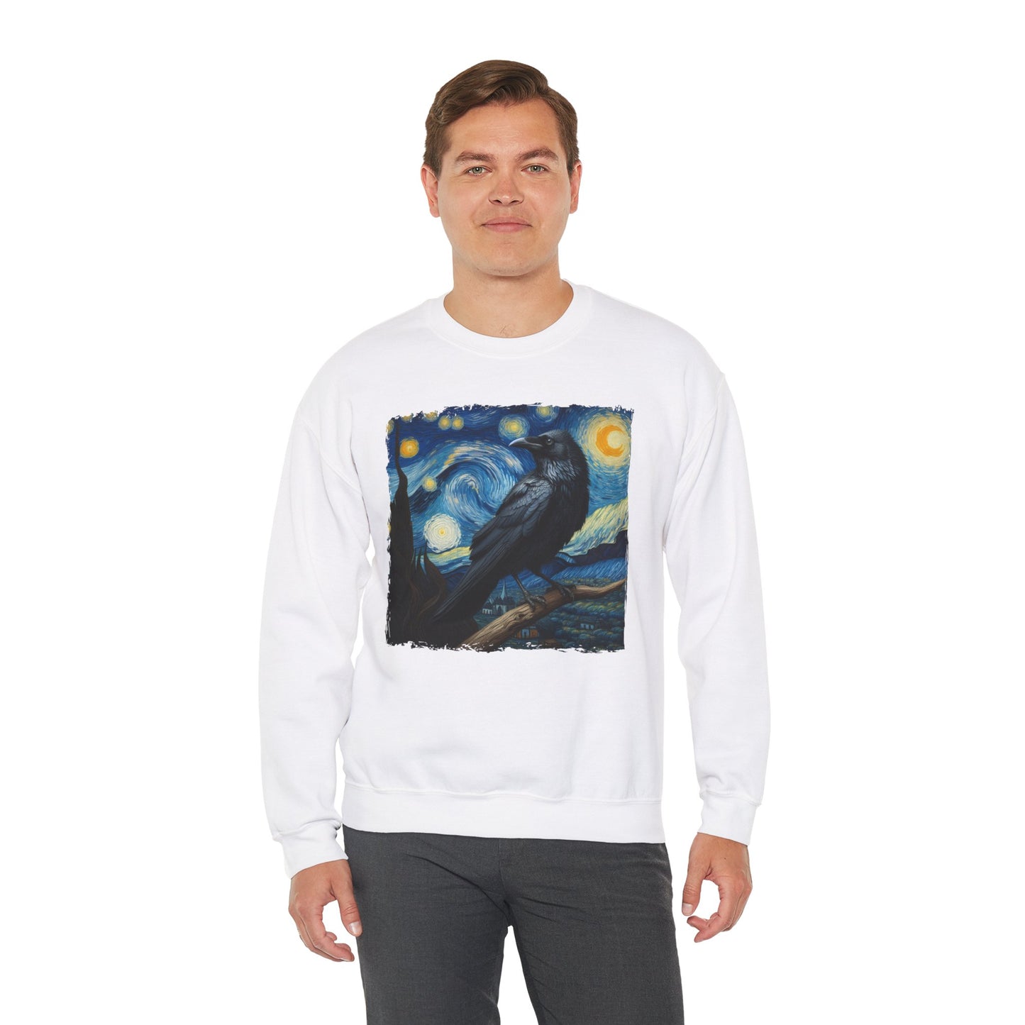 Black Raven Night Sky Crewneck Sweater | Starry Night-Inspired Art Pullover | Mystical Gothic Bird Lover Sweatshirt Witchcraft Enthusiasts