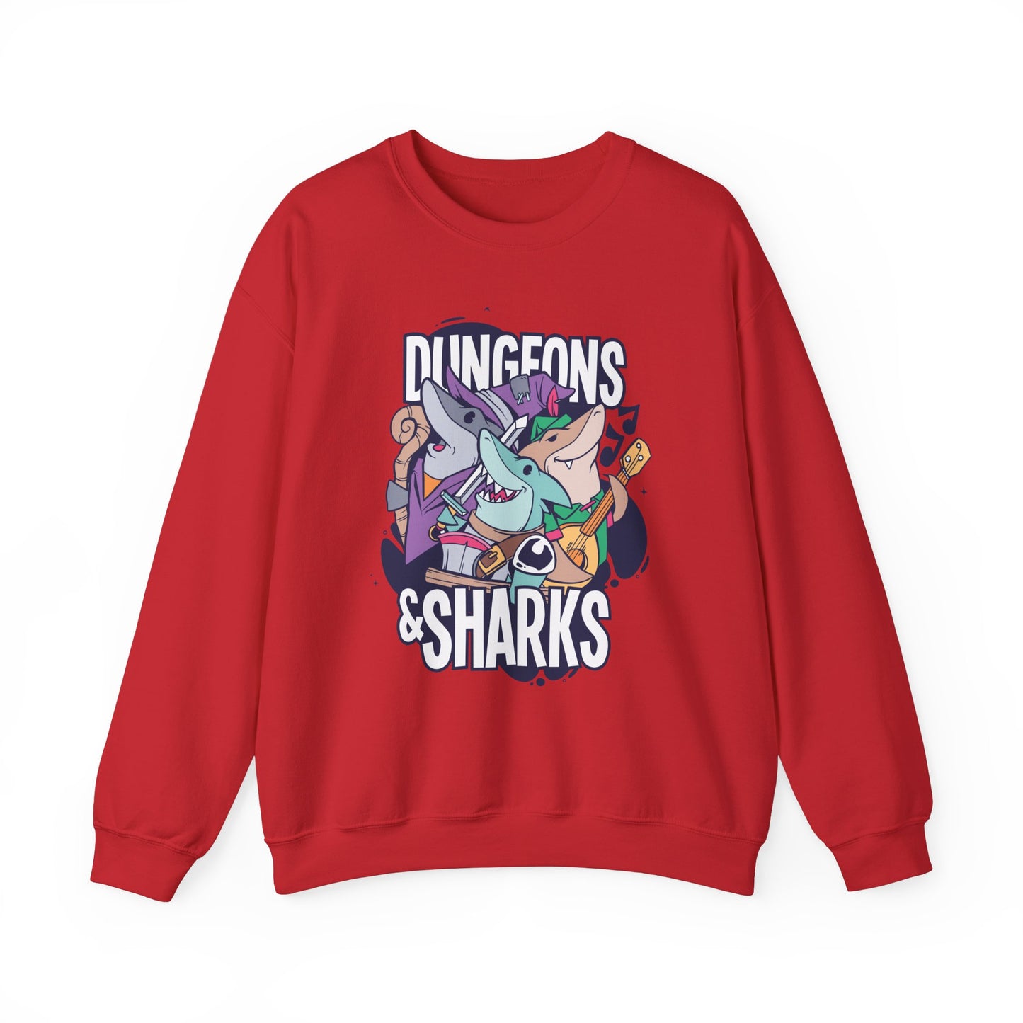 Dungeons and Sharks Funny D&D Parody Sweatshirt | Nerdy Fantasy Game Sweater Shark Lovers | Unique Winter Gift | Cozy Fun Sweatshirt Gamers