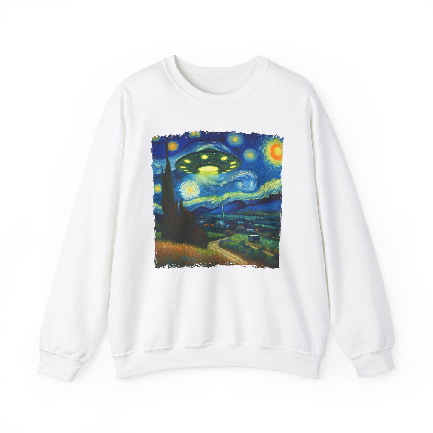 Alien UFO Night Sky Crewneck Sweater | Starry Night-Inspired Outer Space Art Pullover | Cosmic Sci-Fi Sweatshirt Alien UFO Believers