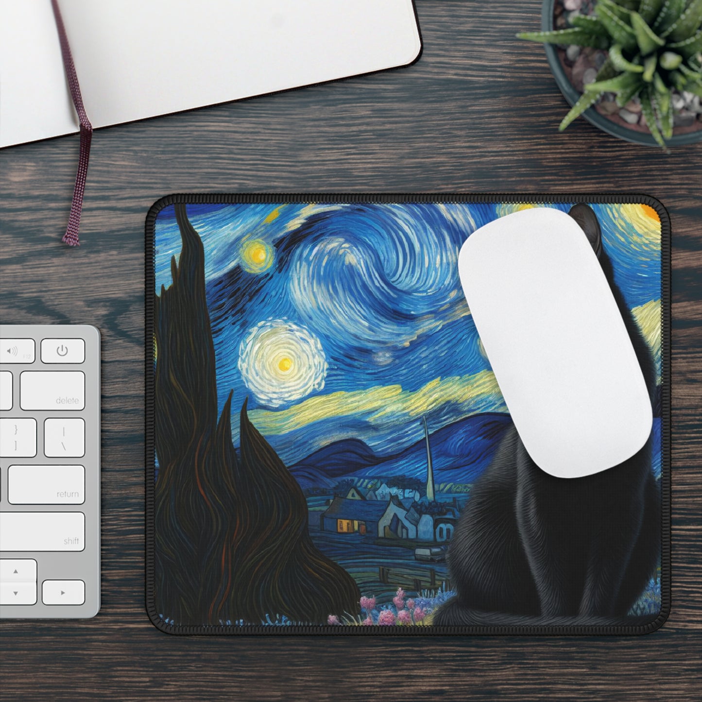 Mystical Black Cat Under Starry Night Non-Slip Mouse Pad | Enchanting Night Sky Art | Perfect Gift Cat Lovers Black Cat Witchcraft Desk Mat