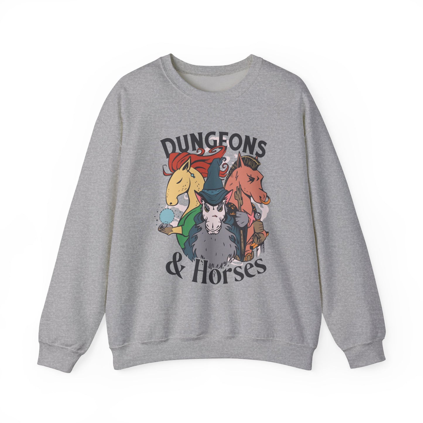 Dungeons and Horses Funny D&D Parody Sweatshirt | Nerdy Fantasy Game Sweater Horse Lovers | Unique Winter Gift | Cozy Fun Sweatshirt Gamers