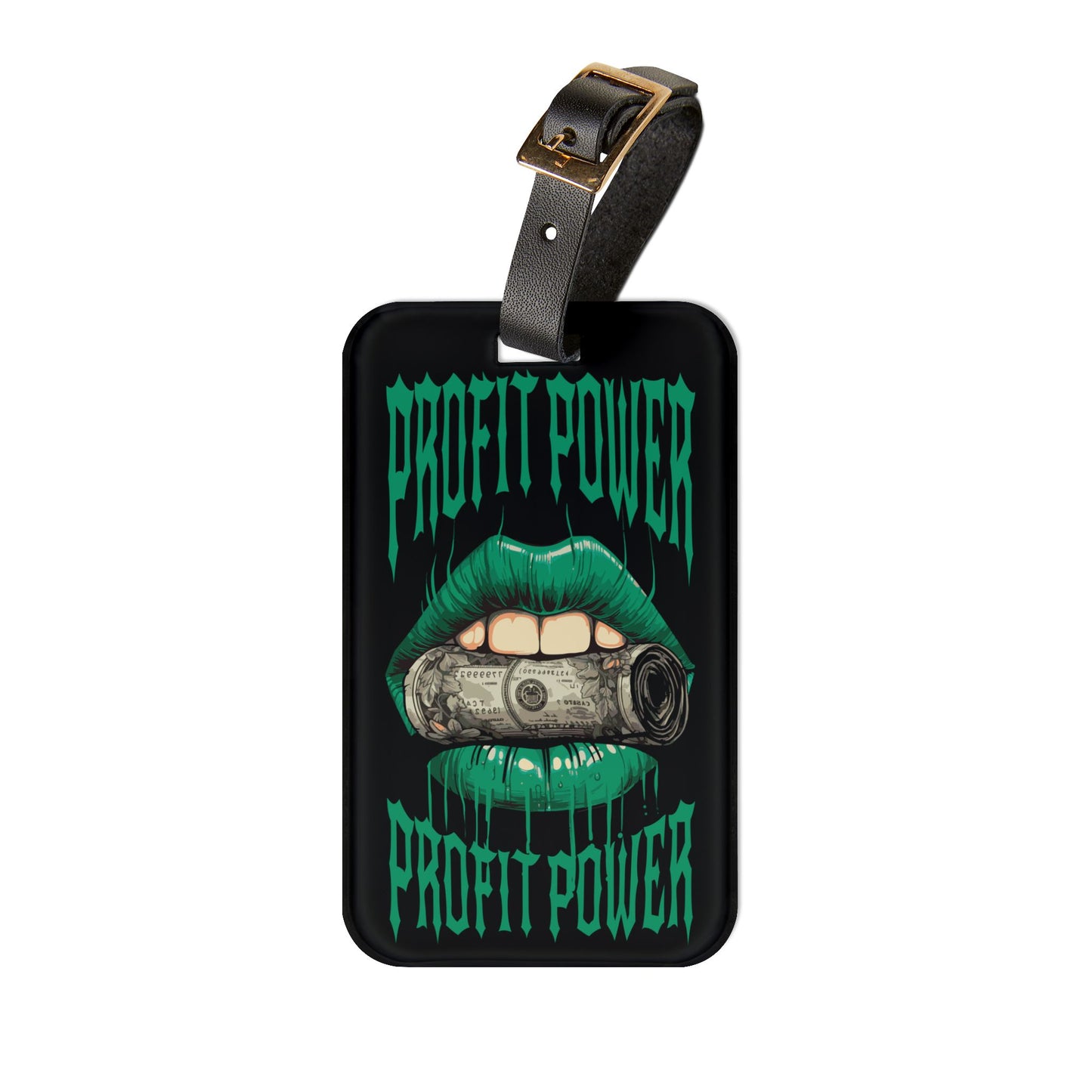 Green Lips Profit Power Luggage Tag | Biting Money Hustler Design | Money Baggage ID | Travel Accessory Hustlers and Money-Minded Travelers