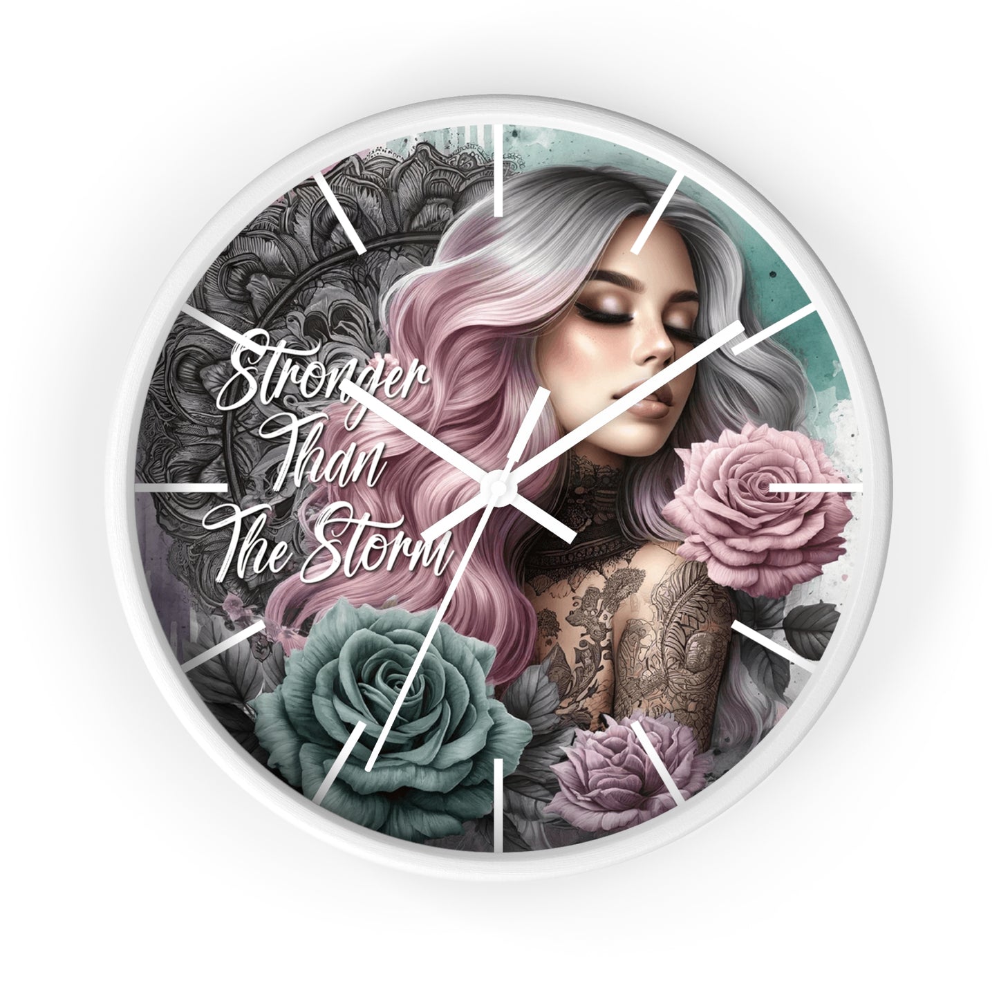 Stronger Than the Storm Wall Clock | Empowering Affirmation Quote Art | Battery Operated | Beautiful Woman Flowers Bold Dark Aesthetic Decor