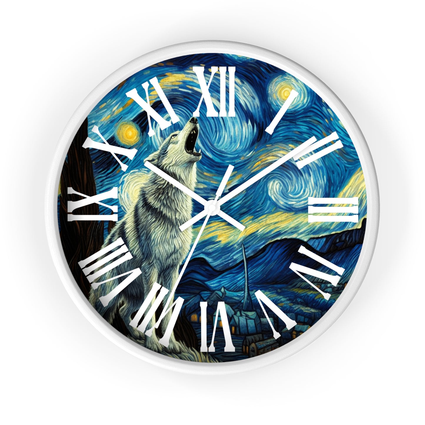 Lone Wolf Night Sky Wall Clock Roman Numeral | Battery Operated | Starry Night-Inspired Art Gift Wolf and Nature Lovers Wall Decor Wolf Gift