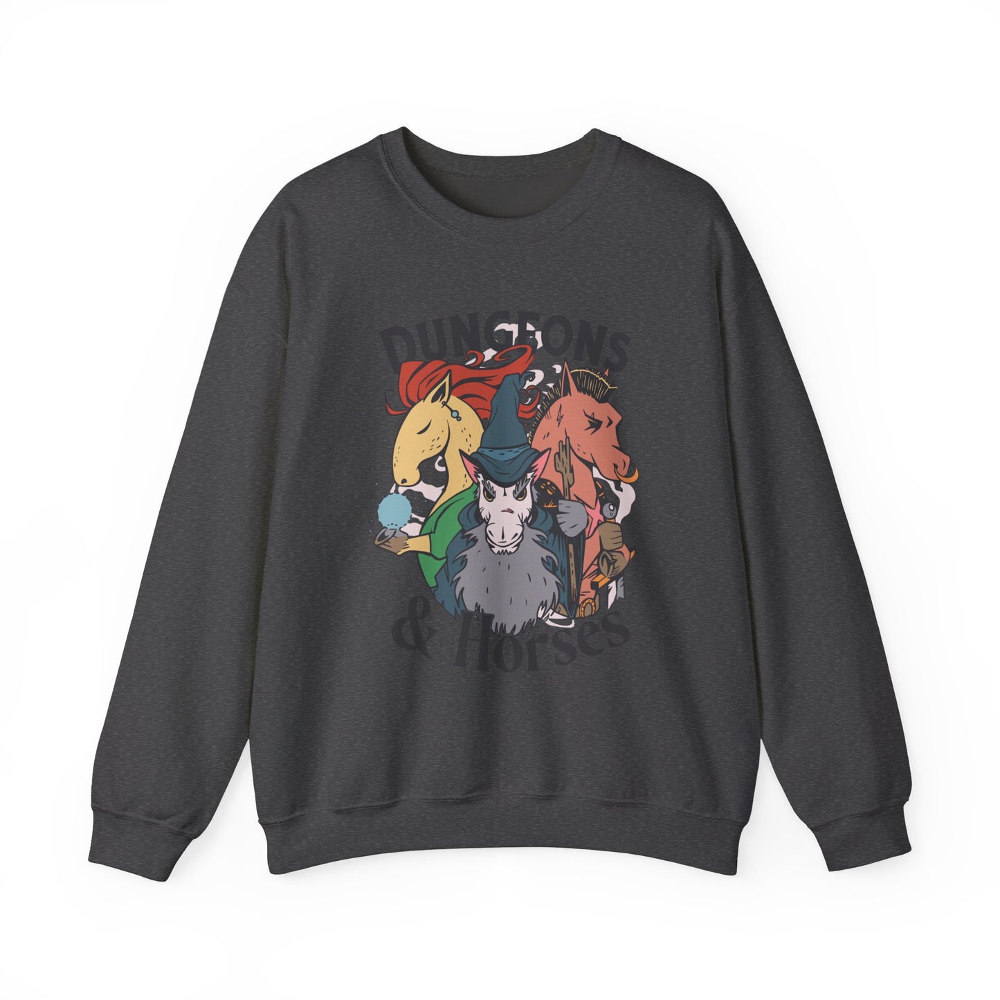 Dungeons and Horses Funny D&D Parody Sweatshirt | Nerdy Fantasy Game Sweater Horse Lovers | Unique Winter Gift | Cozy Fun Sweatshirt Gamers