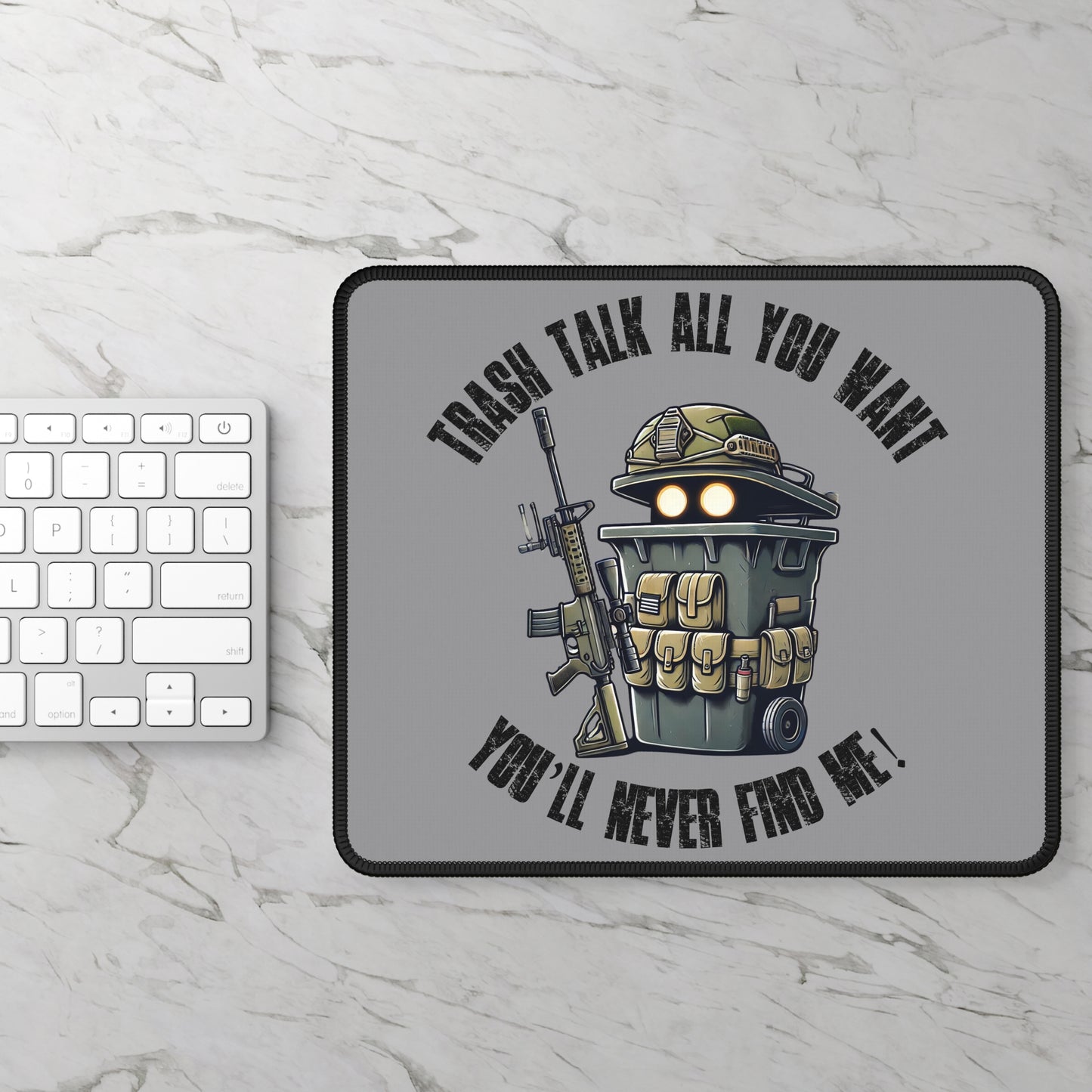 Tactical Trash Can Soldier Non Slip Mouse Pad | Funny Military Garbage Bin Design | Unique Cartoon Prop Hunt Gift | Armed Trash Bin Graphic