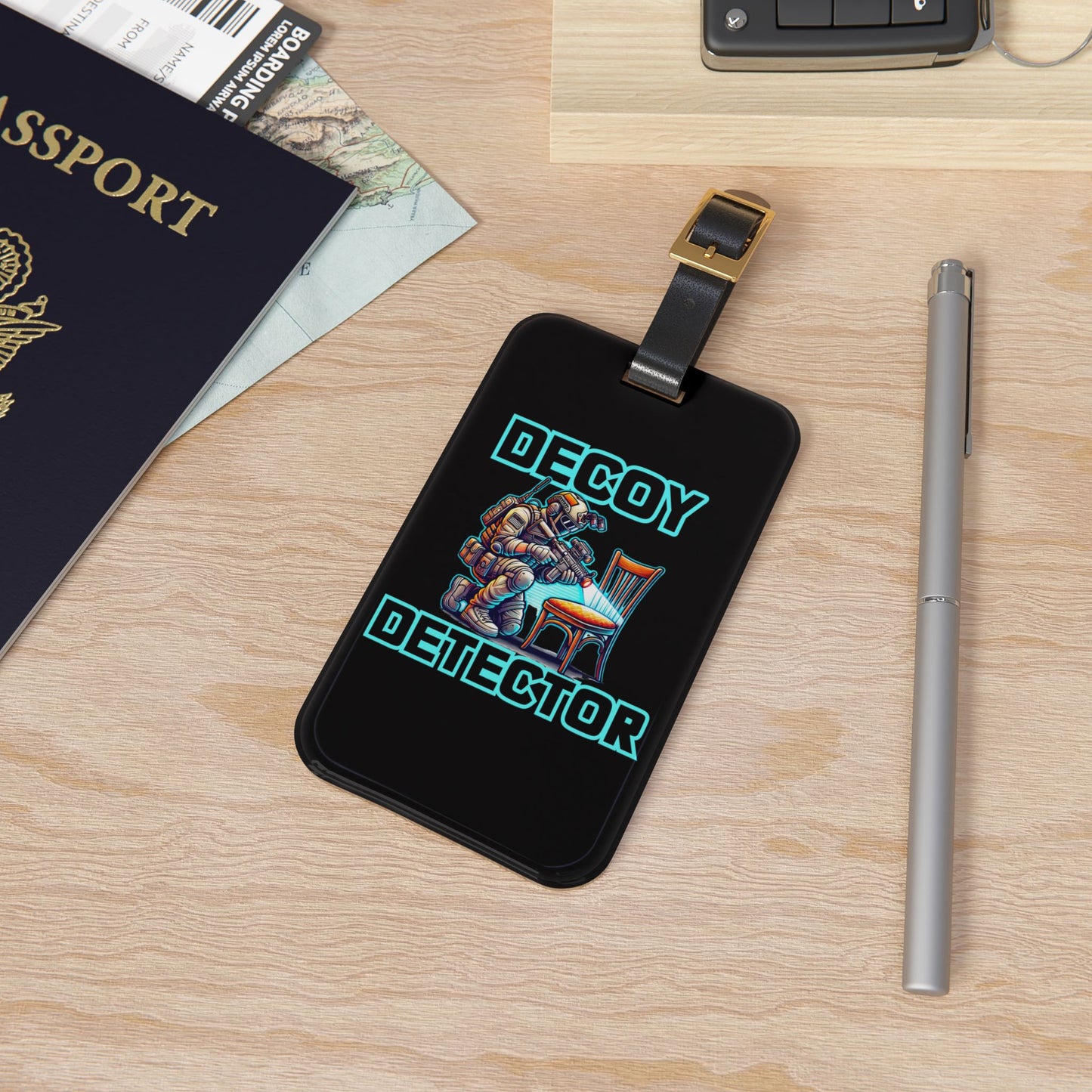 Decoy Detector Luggage Tag | Tactical Prop Hunt Baggage ID | Funny Gamer Illustration | Chair Scanning Action Scene | Prop Hunt Graphic Gift