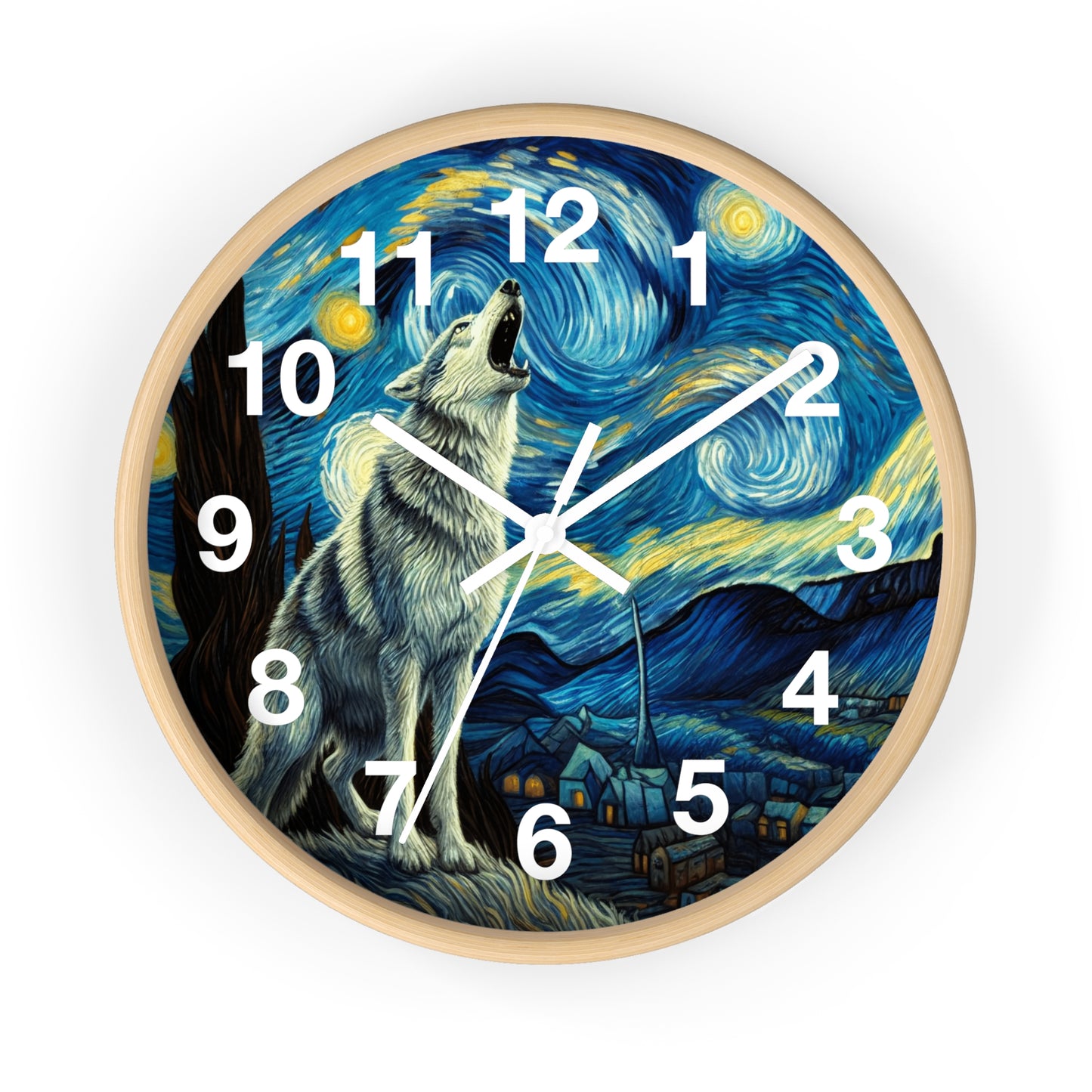 Lone Wolf Night Sky Wall Clock | Battery Operated | Starry Night-Inspired Art | Perfect Gift for Wolf and Nature Lovers Wall Decor Wolf Gift