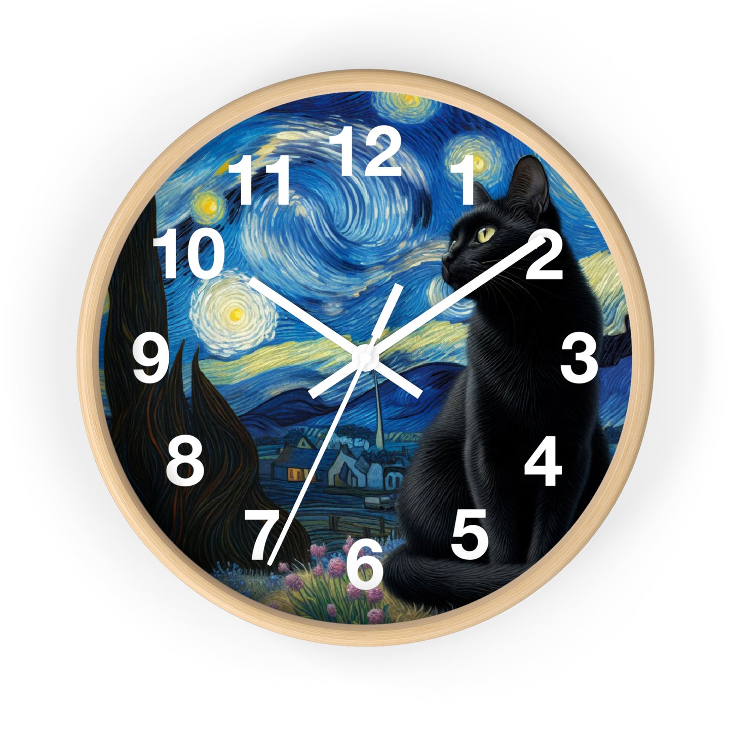 Mystical Black Cat Under Starry Night Wall Clock | Battery Operated | Enchanting Night Sky Art Perfect Gift Cat Lovers Witchcraft Wall Decor