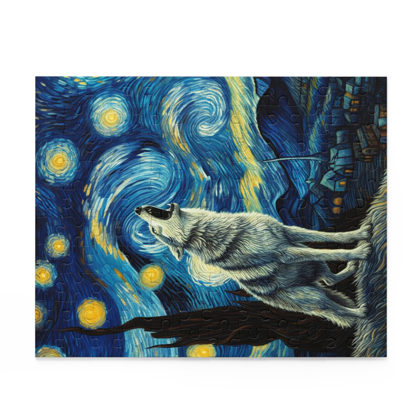 Lone Wolf Night Sky Jigsaw Puzzle 120-500 Pieces | Starry Night-Inspired Art & Mystical Wolf Design Perfect Nature Wilderness Enthusiasts