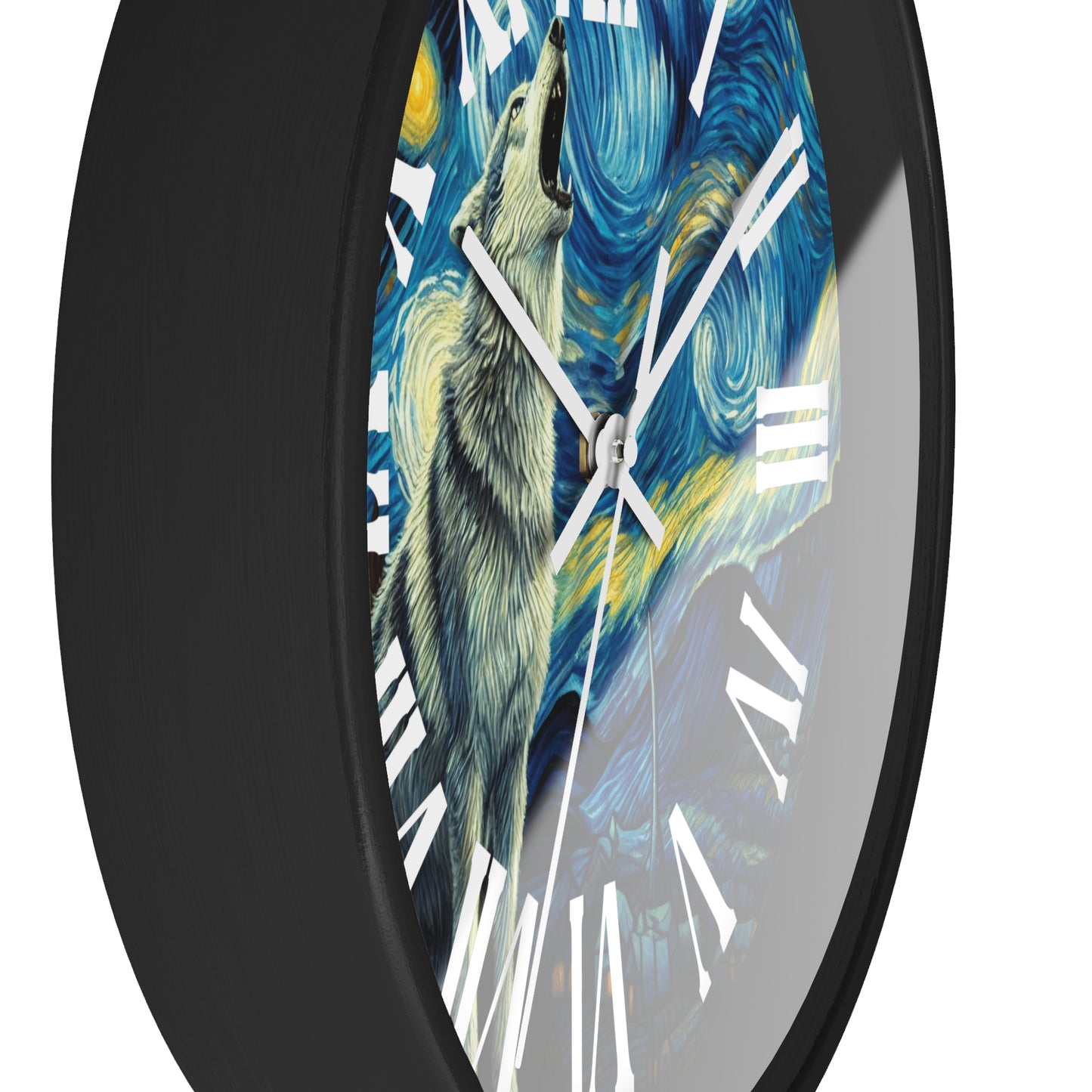 Lone Wolf Night Sky Wall Clock Roman Numeral | Battery Operated | Starry Night-Inspired Art Gift Wolf and Nature Lovers Wall Decor Wolf Gift