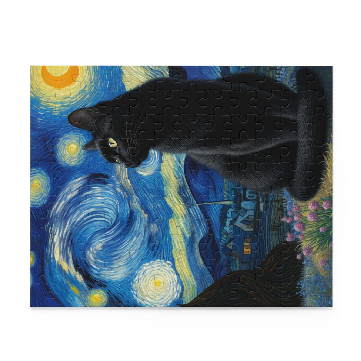 Mystical Black Cat Under Starry Night Jigsaw Puzzle 120-500 Pieces | Enchanting Night Sky Art for Cat Lovers and Witchcraft Enthusiasts