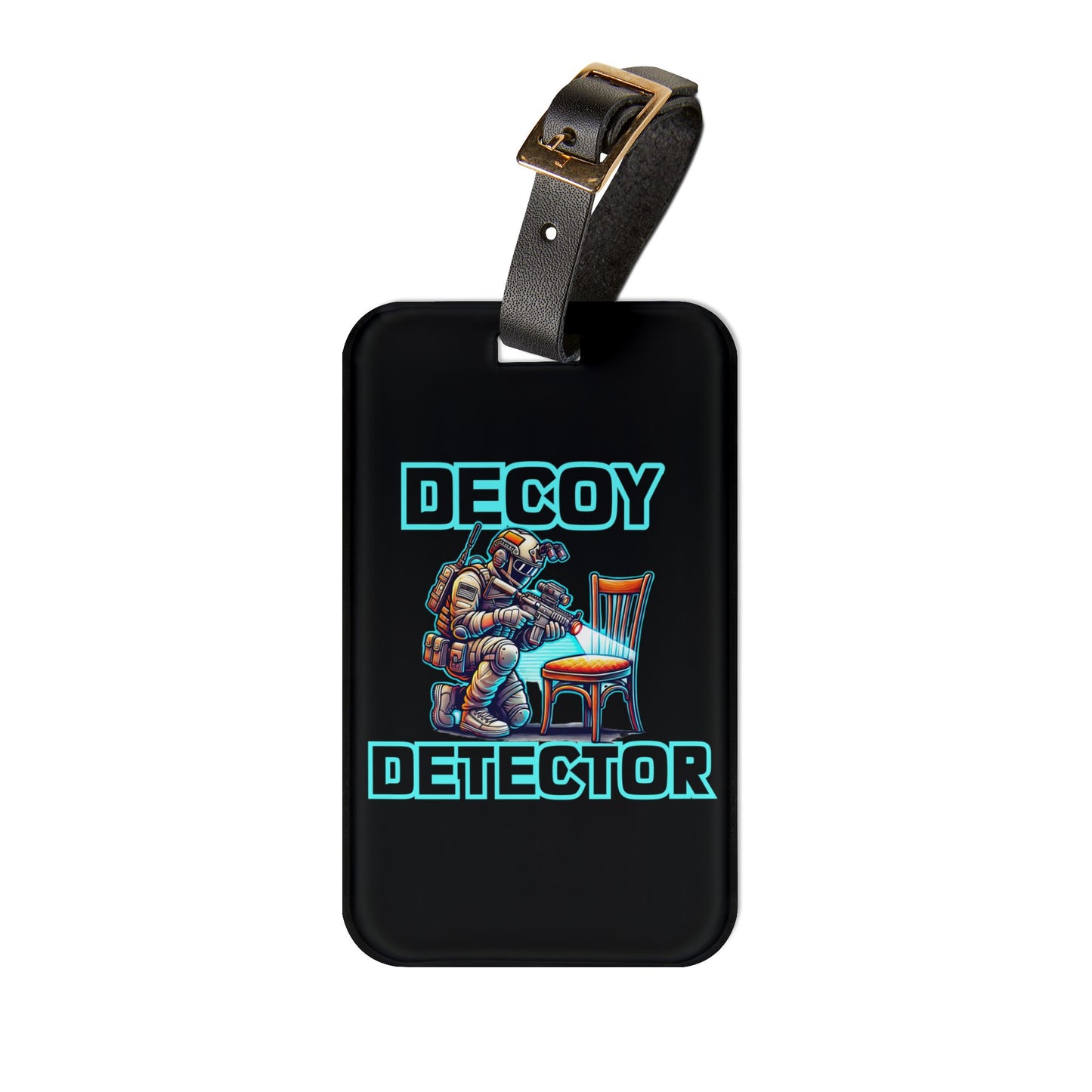 Decoy Detector Luggage Tag | Tactical Prop Hunt Baggage ID | Funny Gamer Illustration | Chair Scanning Action Scene | Prop Hunt Graphic Gift