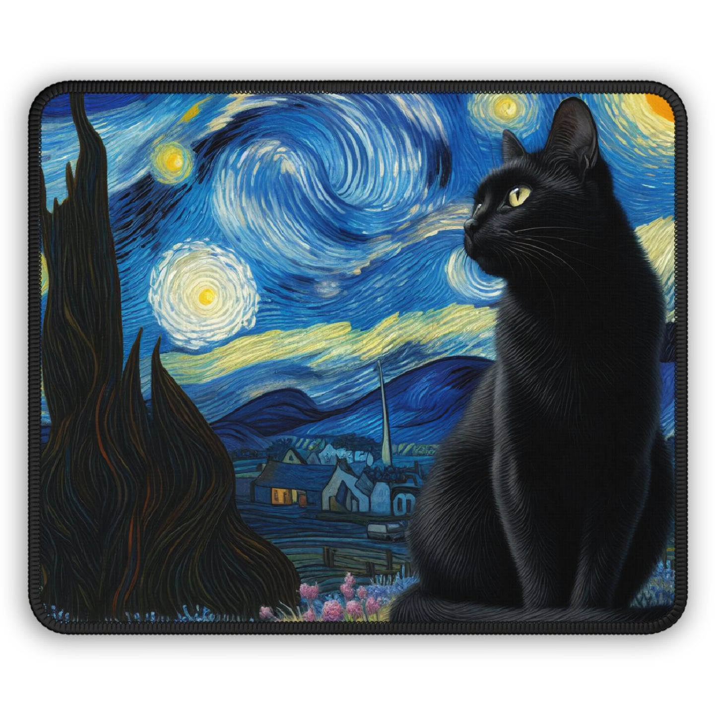Mystical Black Cat Under Starry Night Non-Slip Mouse Pad | Enchanting Night Sky Art | Perfect Gift Cat Lovers Black Cat Witchcraft Desk Mat