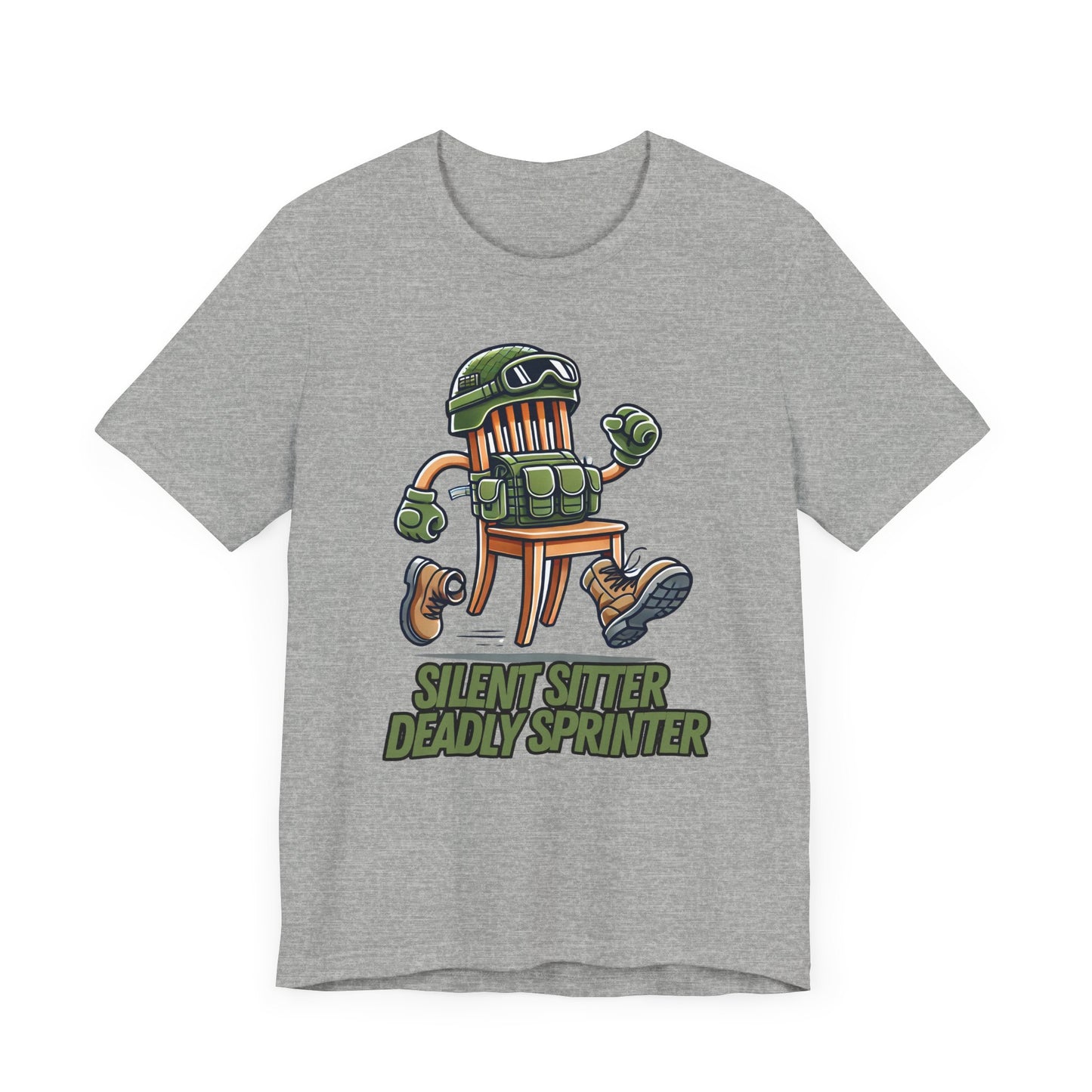 Silent Sitter, Deadly Sprinter | Tactical Chair Cartoon Art | Funny Prop Hunt Design | Unique Gamer Gift | Bold Military Chair Illustration