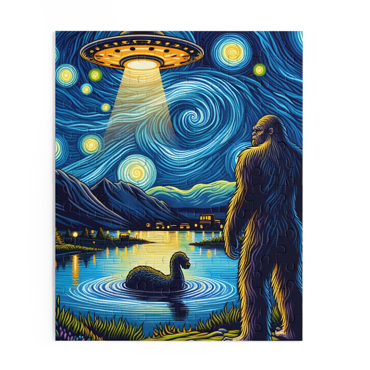 Bigfoot Alien Spaceship Jigsaw Puzzle 120-500 Pieces | Sasquatch Meets Extraterrestrial Art for UFO Lovers Bigfoot Fans Mythical Creature