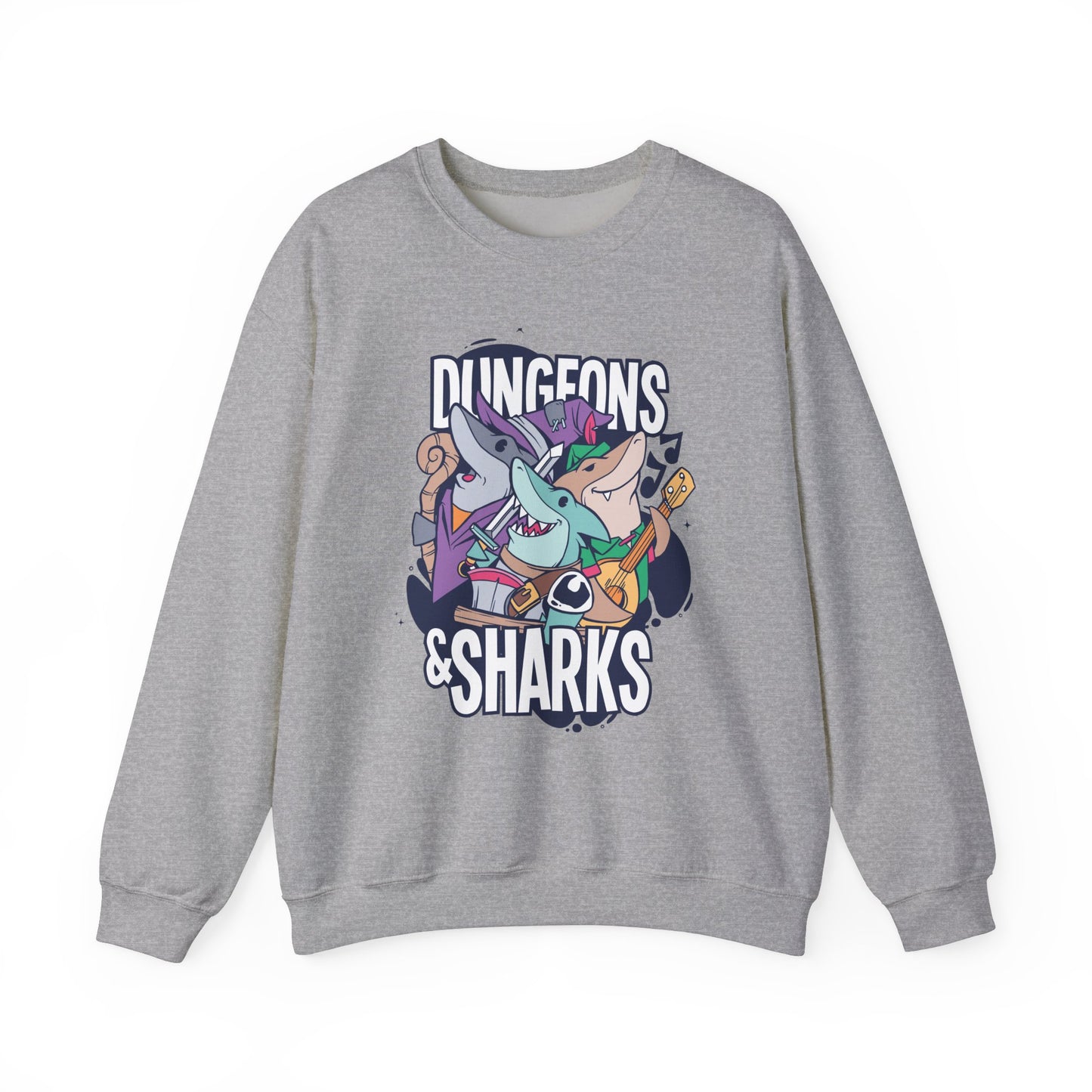 Dungeons and Sharks Funny D&D Parody Sweatshirt | Nerdy Fantasy Game Sweater Shark Lovers | Unique Winter Gift | Cozy Fun Sweatshirt Gamers