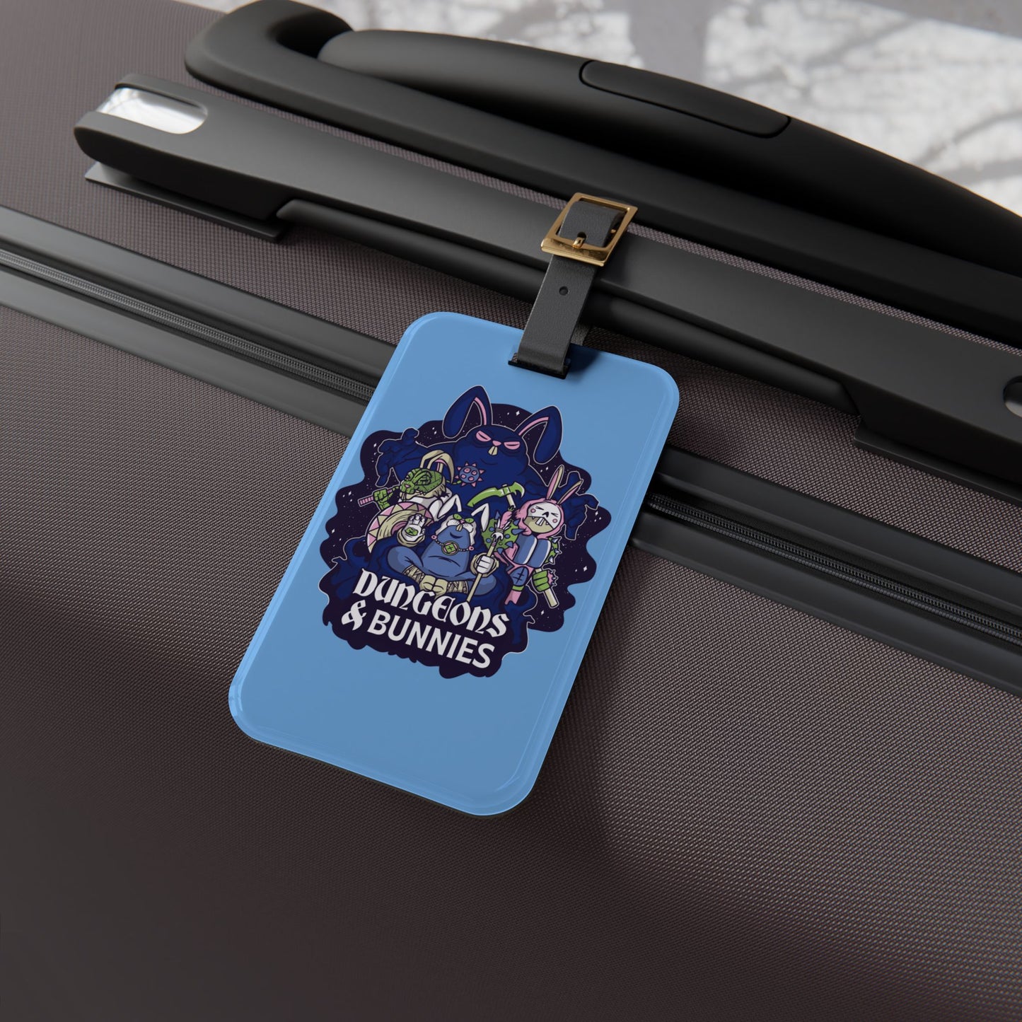 Dungeons and Bunnies Luggage Tag | Funny Bunny Lover Baggage ID | Nerdy Parody Travel Accessory | Fantasy Roleplaying Gift for Rabbit Fans