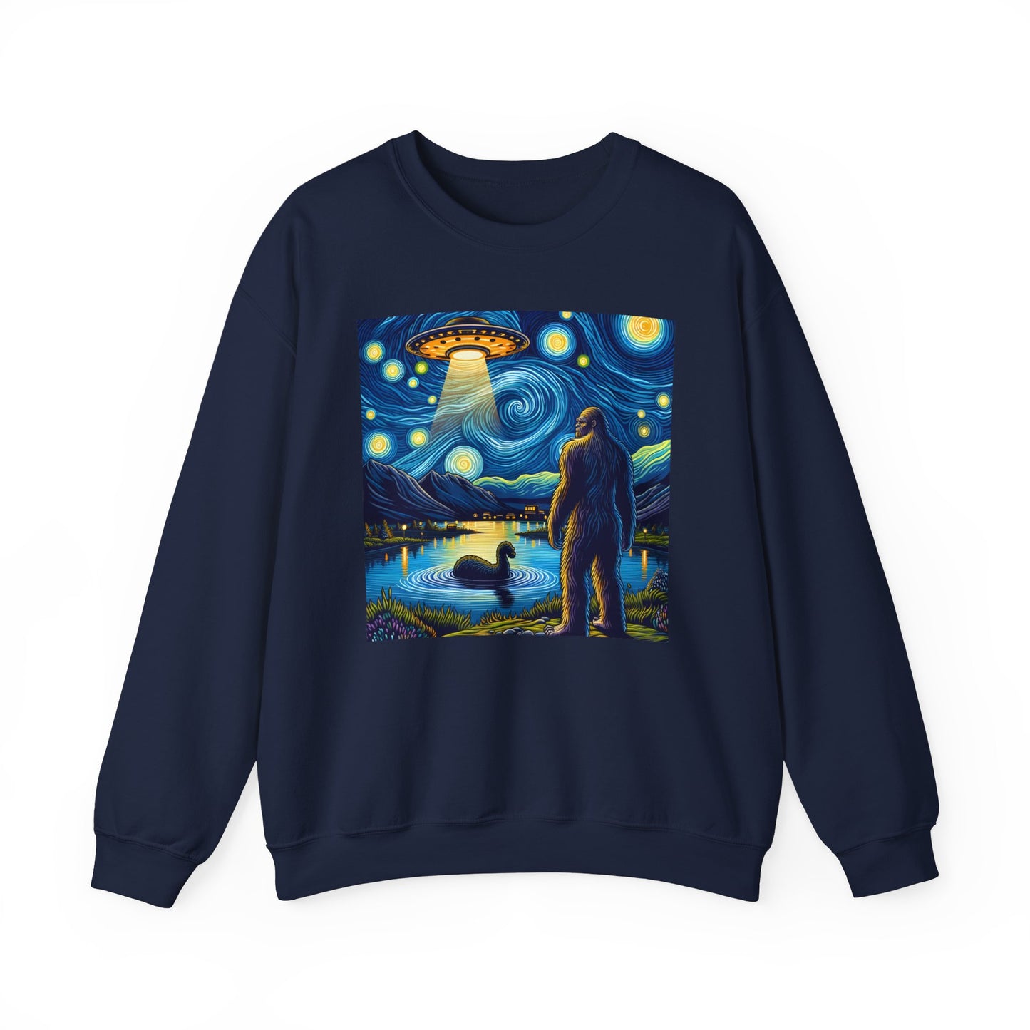 Bigfoot Alien Spaceship Crewneck Sweater | Sasquatch Meets Extraterrestrial Art | Fun UFO Humor Sweatshirt | Bigfoot Alien Lovers Gift