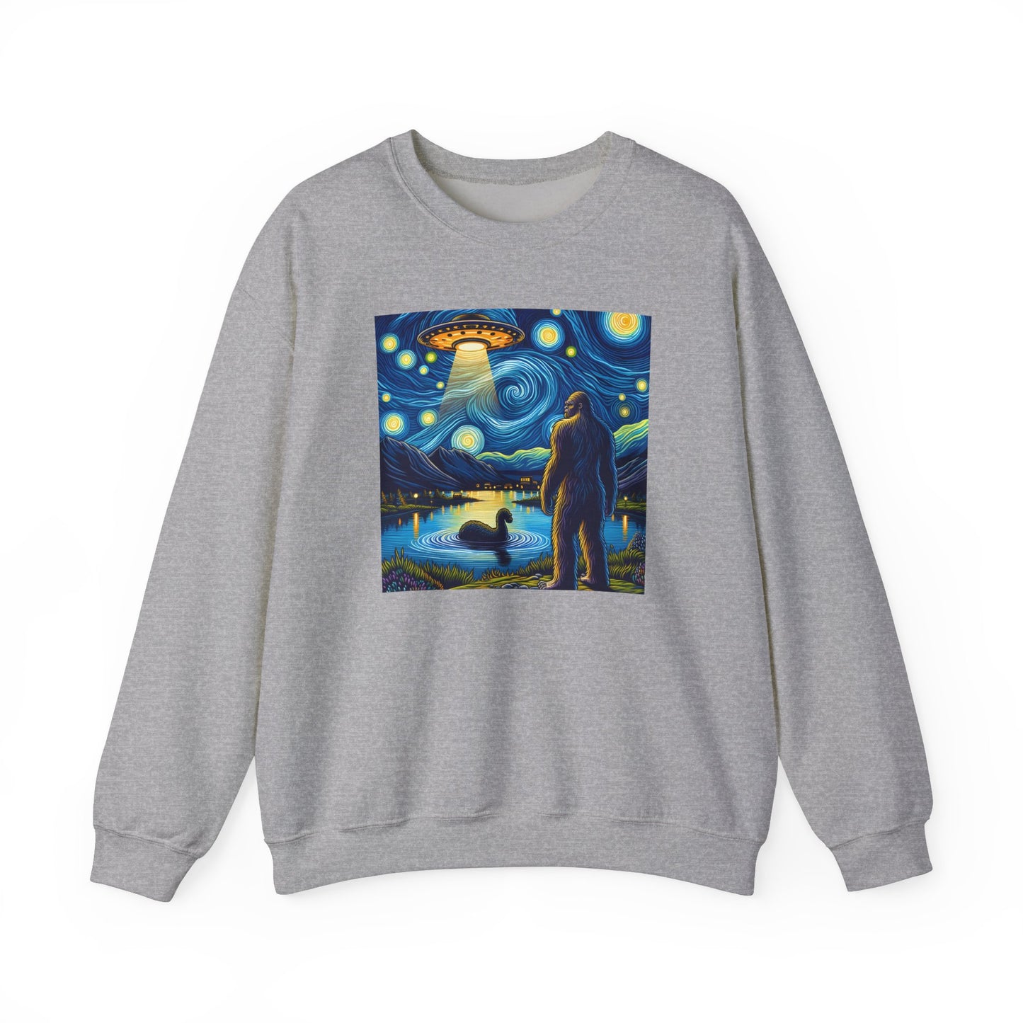 Bigfoot Alien Spaceship Crewneck Sweater | Sasquatch Meets Extraterrestrial Art | Fun UFO Humor Sweatshirt | Bigfoot Alien Lovers Gift