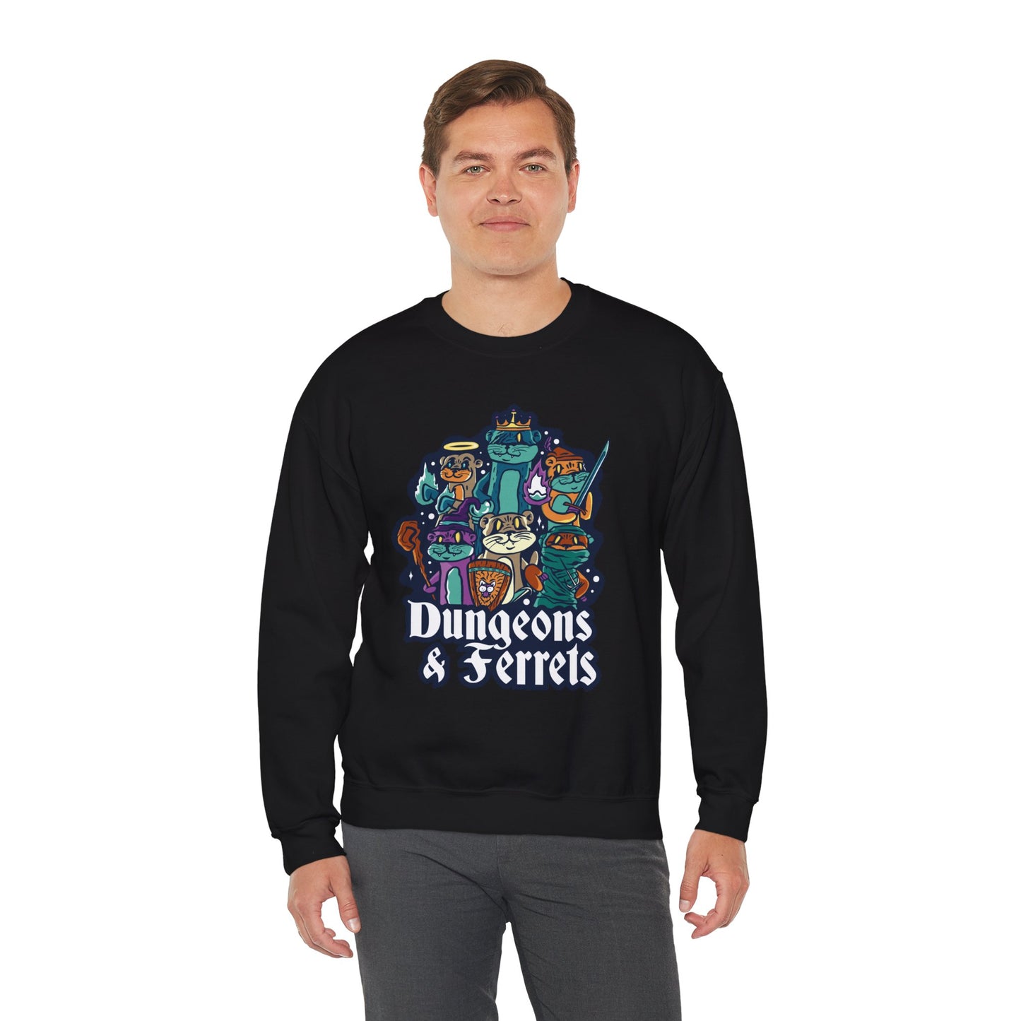 Dungeons and Ferrets Funny D&D Parody Sweatshirt | Nerdy Fantasy Game Sweater Ferret Lovers Unique Winter Gift | Cozy Fun Sweatshirt Gamers