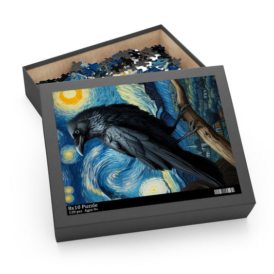 Black Raven Night Sky Jigsaw Puzzle 120-500 Pieces | Starry Night-Inspired Gothic Art & Mystical Design Perfect for Raven Lovers