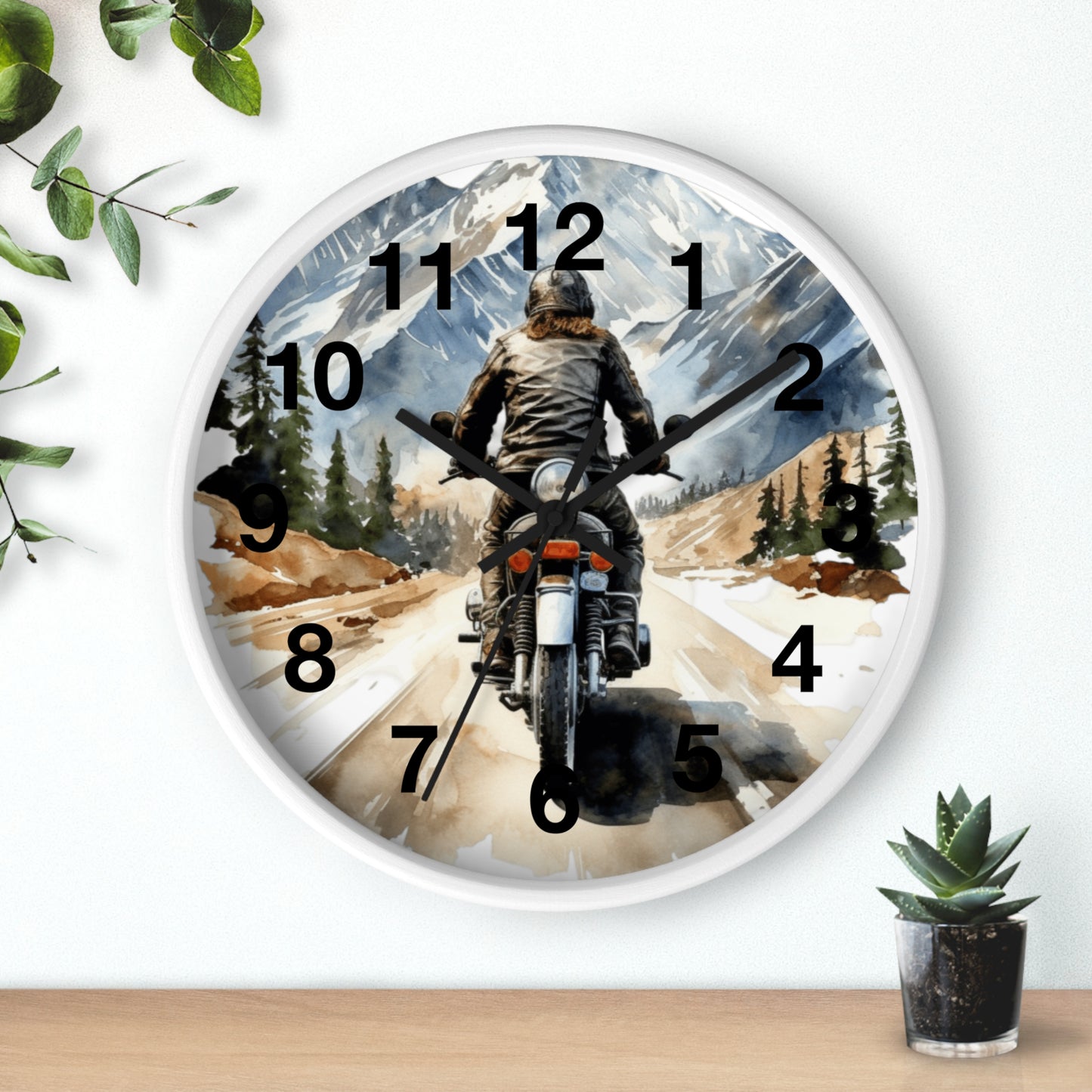 Biker Riding Open Road Wall Clock | Mountain Range Scenic View Motorcycle Art Unique Biker Decor Adventure Gift for Bikers Battery Operated