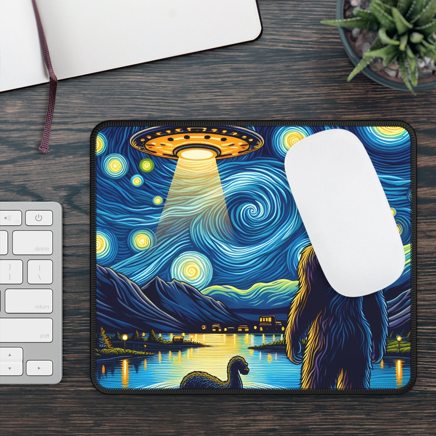 Bigfoot Alien Spaceship Night Sky Non-Slip Mouse Pad | Sasquatch Meets Extraterrestrial Art | Fun UFO Humor Desk Mat for Bigfoot Fans