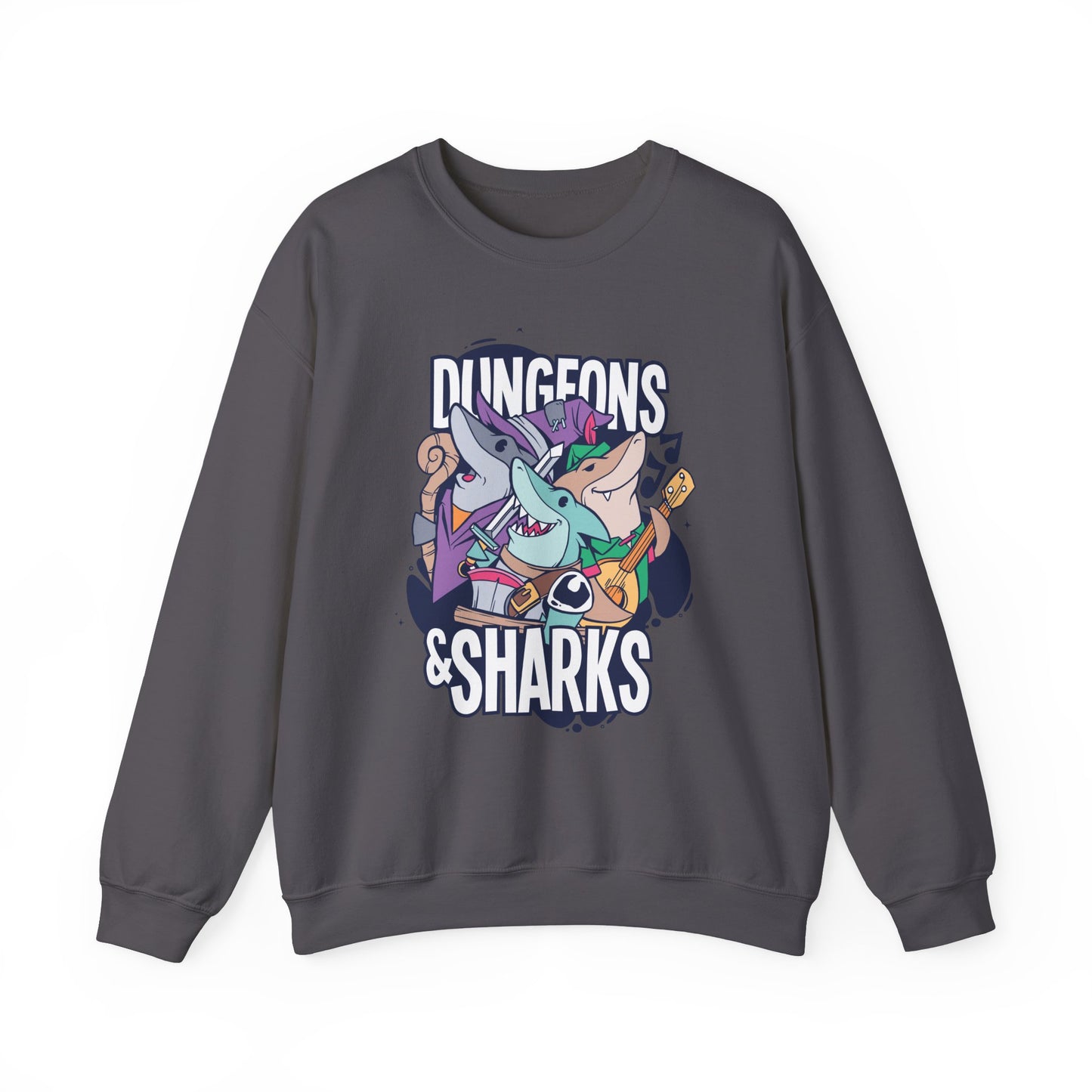 Dungeons and Sharks Funny D&D Parody Sweatshirt | Nerdy Fantasy Game Sweater Shark Lovers | Unique Winter Gift | Cozy Fun Sweatshirt Gamers
