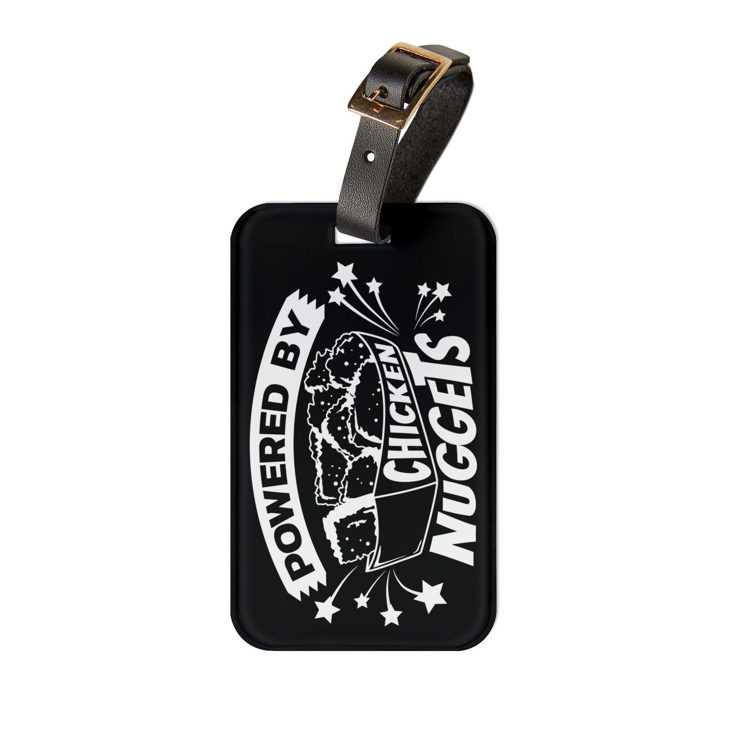 Powered by Chicken Nuggets Luggage Tag | Funny Food Lover Baggage ID Chicken Tendies Joke Travel Accessory Perfect Gift Foodies Nugget Fans