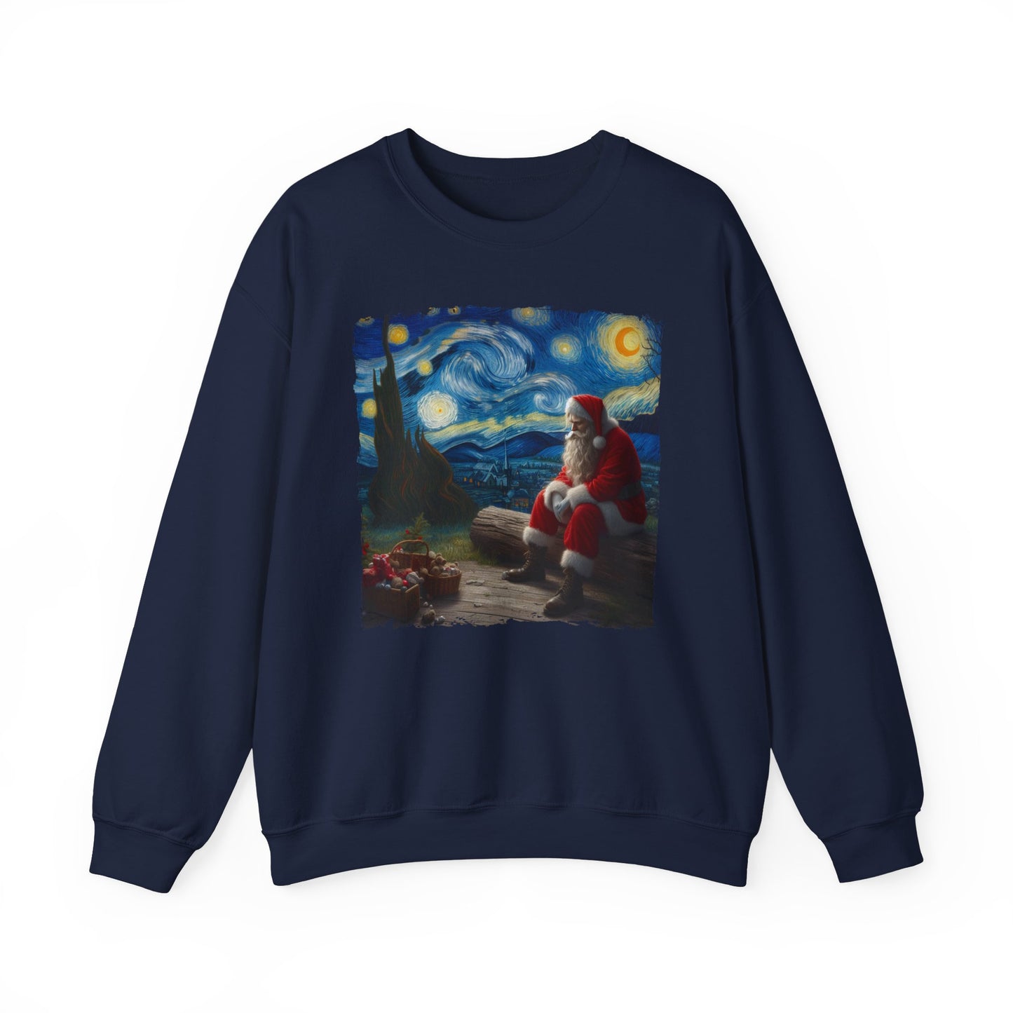 Santa Claus Night Sky Crewneck Sweater | Starry Night-Inspired Holiday Art Pullover Festive Santa Lover Magical Christmas Season Sweatshirt