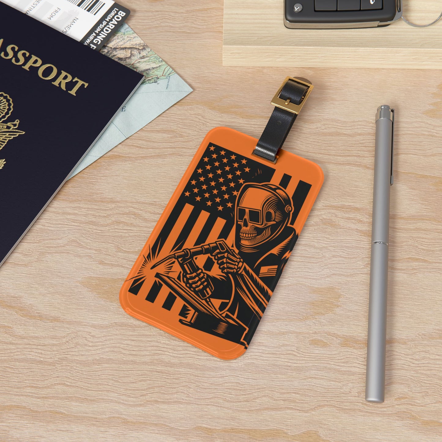 Welder Skeleton American Flag Luggage Tag | Hi-Viz Safety Baggage ID | Blue Collar Travel Accessory | Welding Gift Proud American Welders
