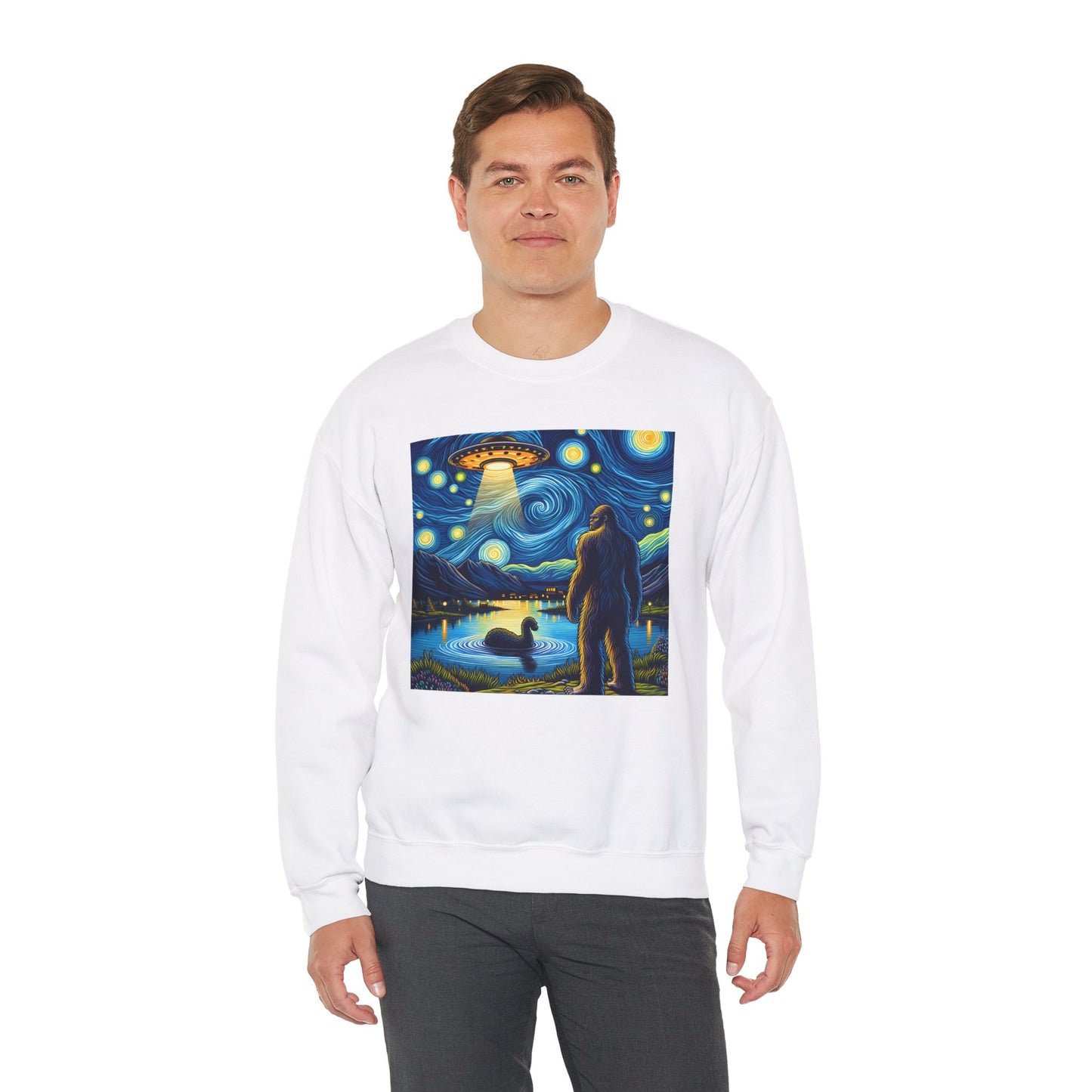 Bigfoot Alien Spaceship Crewneck Sweater | Sasquatch Meets Extraterrestrial Art | Fun UFO Humor Sweatshirt | Bigfoot Alien Lovers Gift