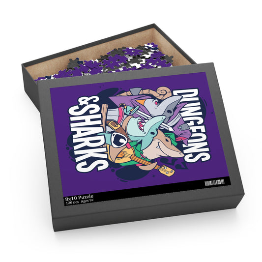 Dungeons and Sharks Jigsaw Puzzle Funny D&D Parody 120-500 Pieces for Nerdy Fantasy Game Fans and Shark Lovers RPG Style Puzzle