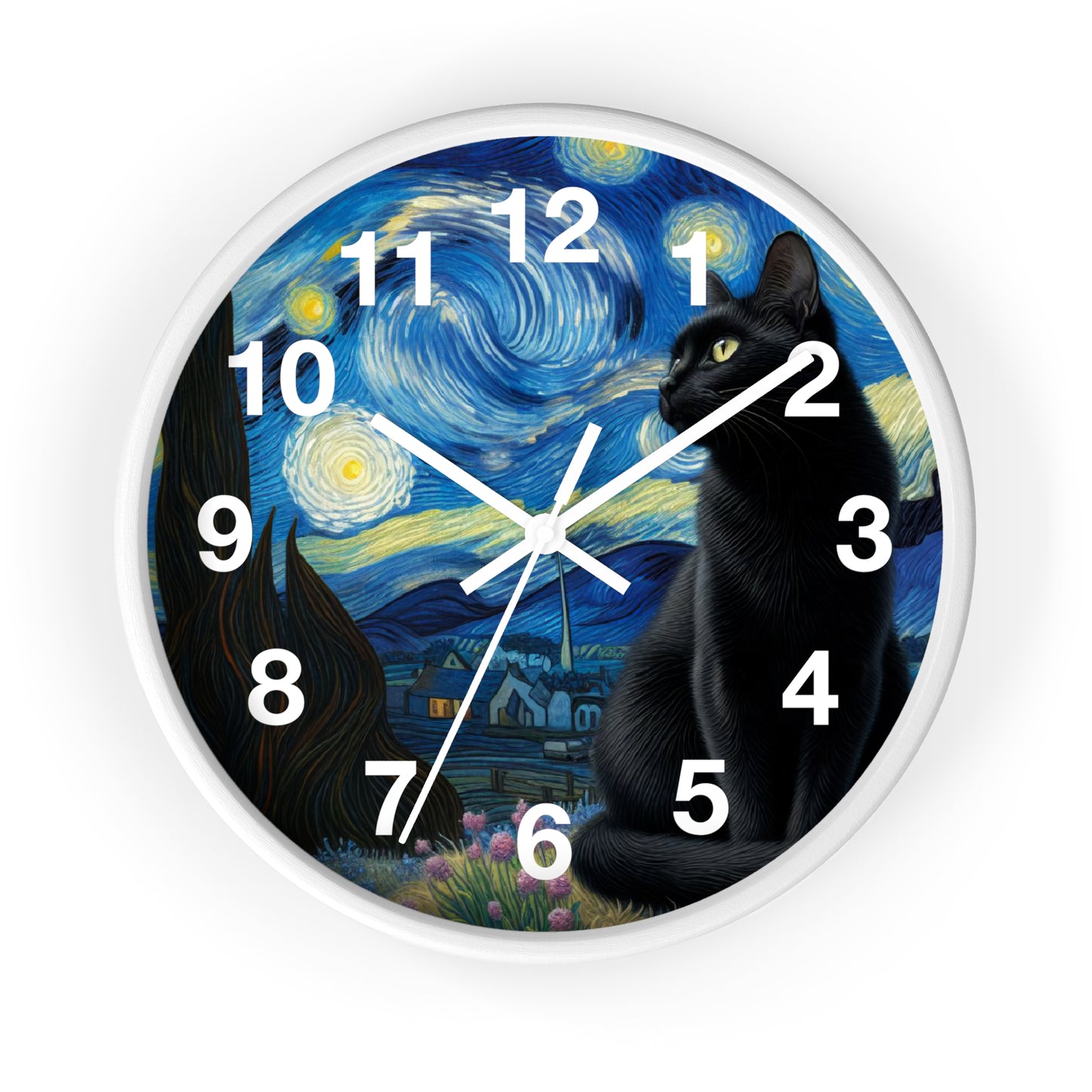 Mystical Black Cat Under Starry Night Wall Clock | Battery Operated | Enchanting Night Sky Art Perfect Gift Cat Lovers Witchcraft Wall Decor