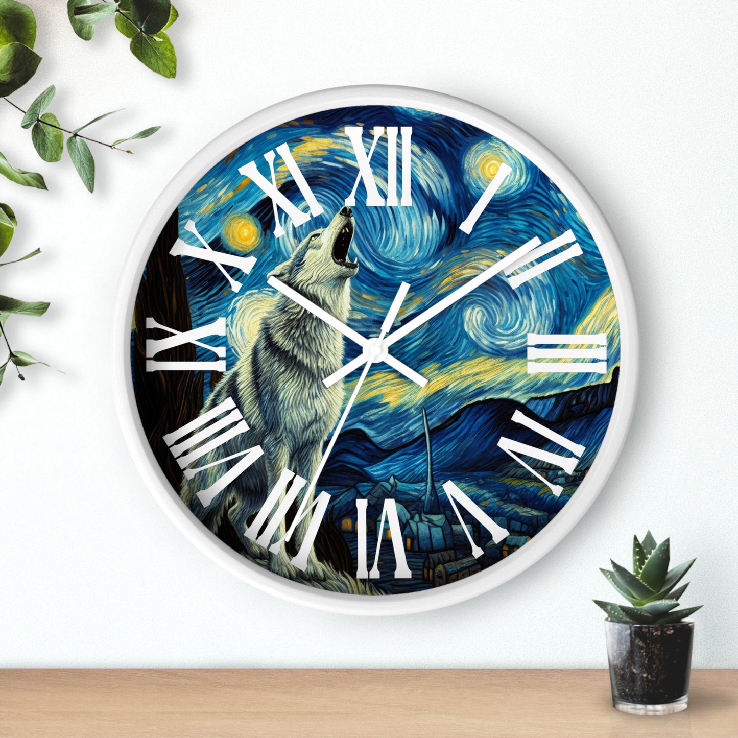 Lone Wolf Night Sky Wall Clock Roman Numeral | Battery Operated | Starry Night-Inspired Art Gift Wolf and Nature Lovers Wall Decor Wolf Gift