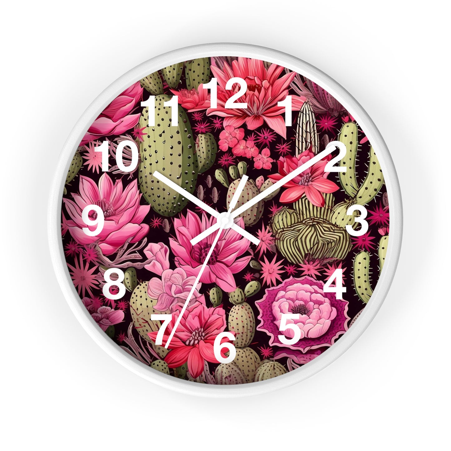 Beautiful Desert Cactus with Pink Flowers Wall Clock | Battery Operated | Watercolor Boho Style Decor | Perfect Gift Cactus Lovers Aesthetic