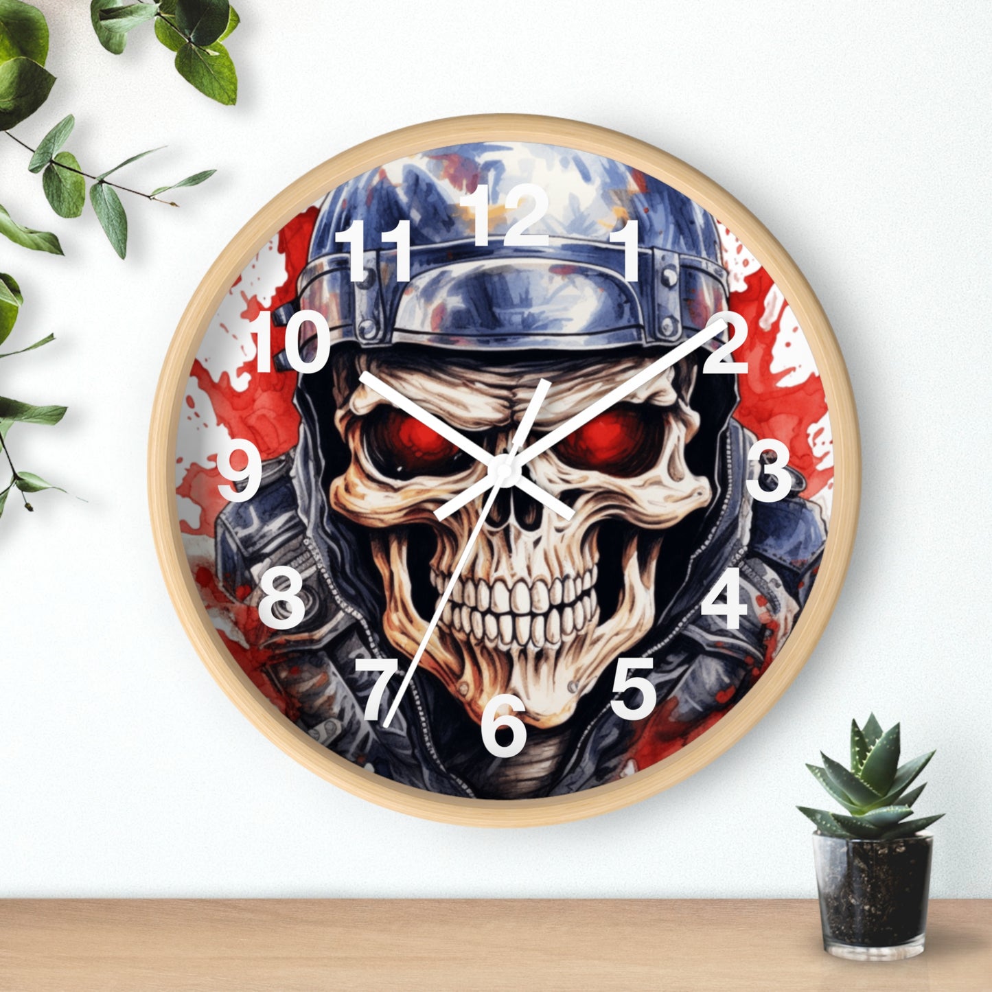 Red Eye Skull Motorcycle Rider Wall Clock | Splash Watercolor Biker Art | Battery Operated Unique Gift for Motorcycle Enthusiasts Biker Gift
