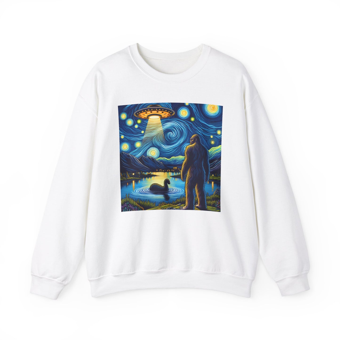 Bigfoot Alien Spaceship Crewneck Sweater | Sasquatch Meets Extraterrestrial Art | Fun UFO Humor Sweatshirt | Bigfoot Alien Lovers Gift